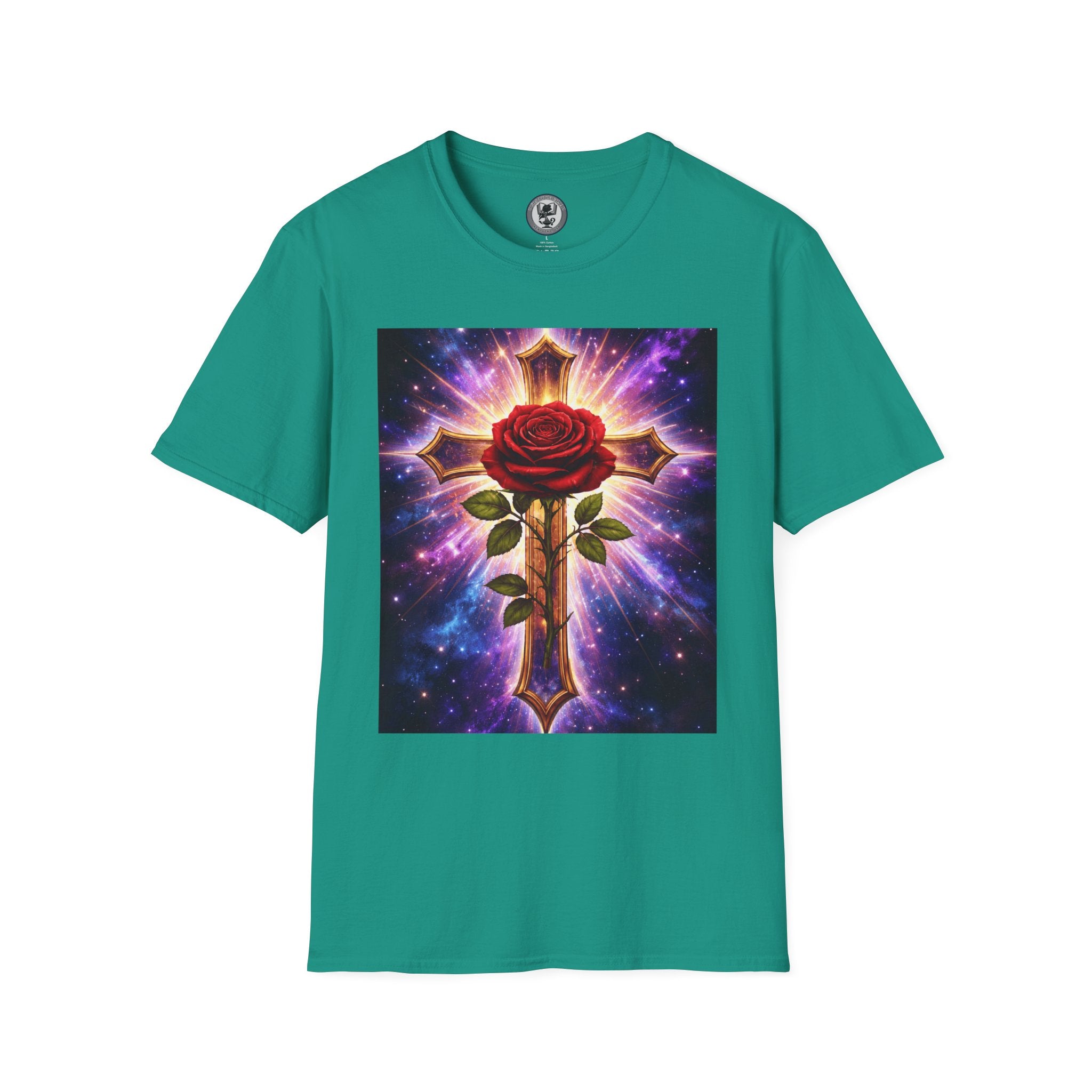 Cosmic Rose Cross T-Shirt — Rosicrucian Spiritual Floral Cross Graphic Tee