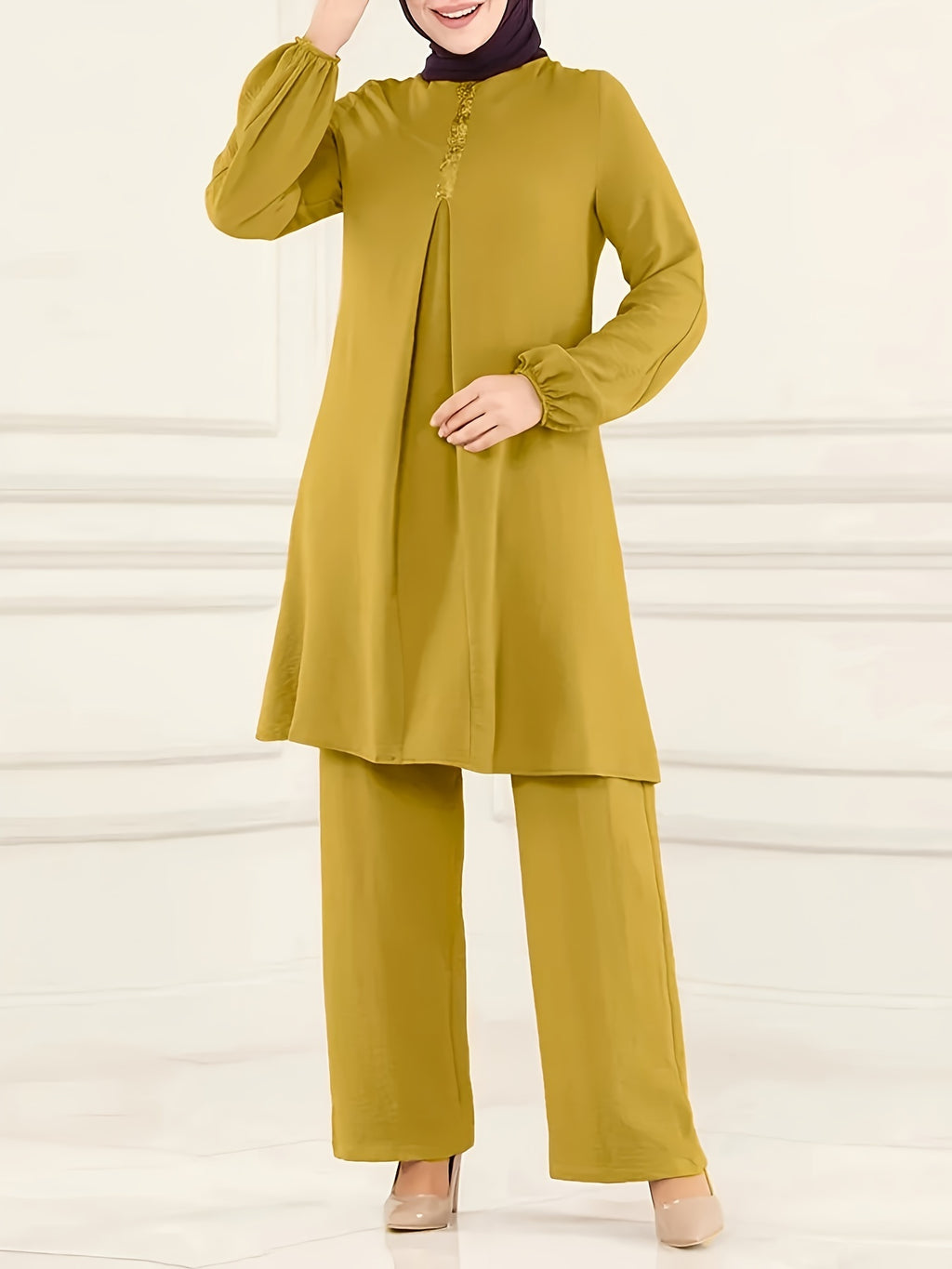 Ramadan Elegant Solid Muslim Two-piece Set, Long Sleeve Crew Neck Top & Straight Leg Pants Outfits, Women's Clothing