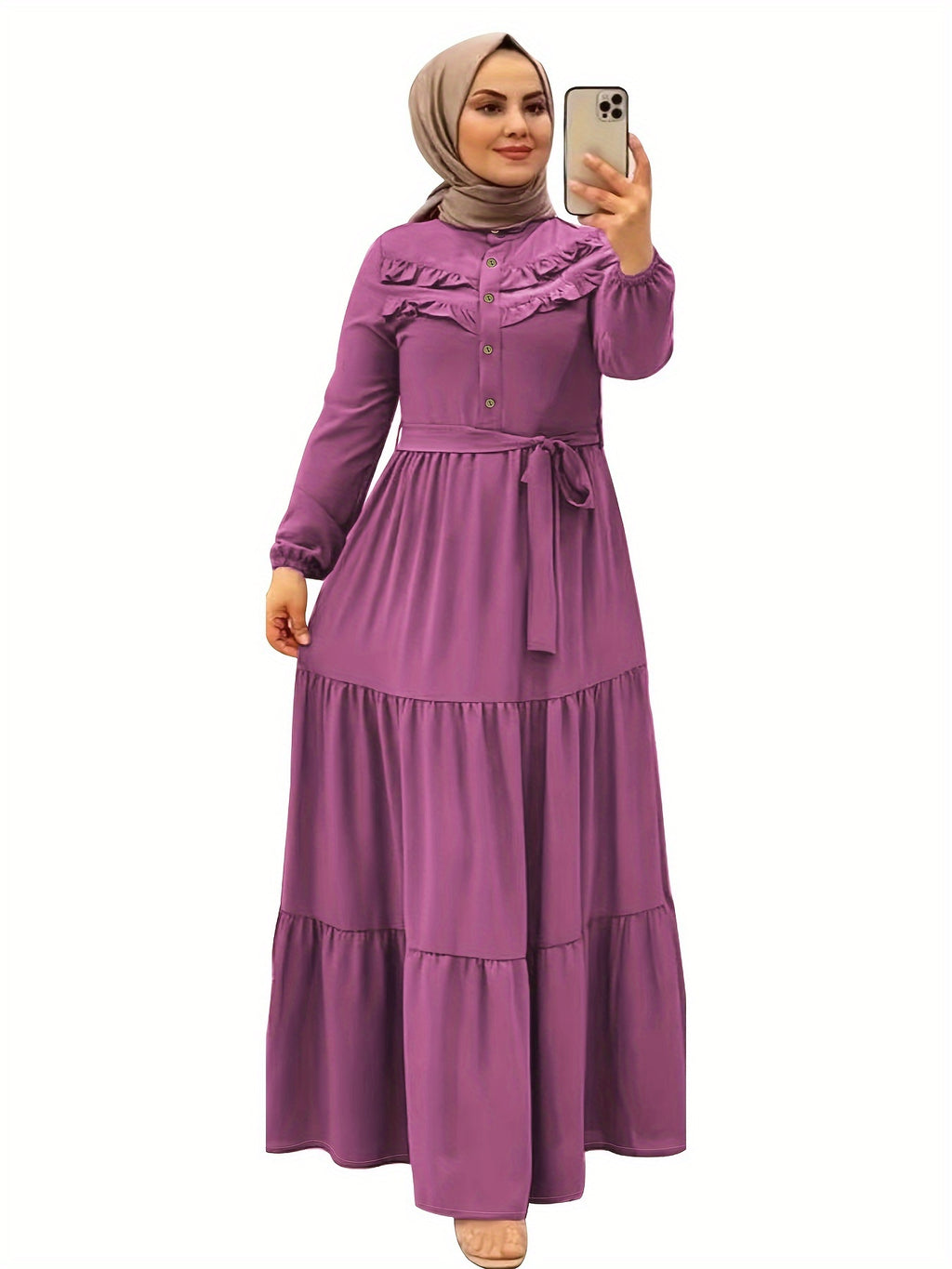 Elegant Light Green Maxi Dress for Muslim Women - Casual Solid Color with Ruffle Hem & Button Detail, Polyester Blend, Machine Washable - Hijab Not Included