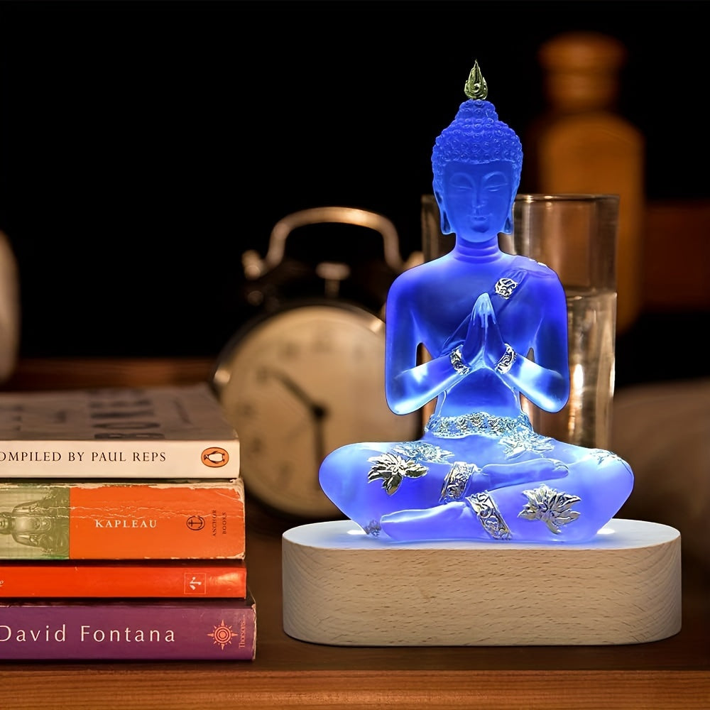 Buddha Statue with LED Light Base, 7'' Seated Small Figurine Collectibles Meditation Decor, Transparent Sculpture Ornaments for Spiritual Living Room, Yoga Zen, Home Decoration