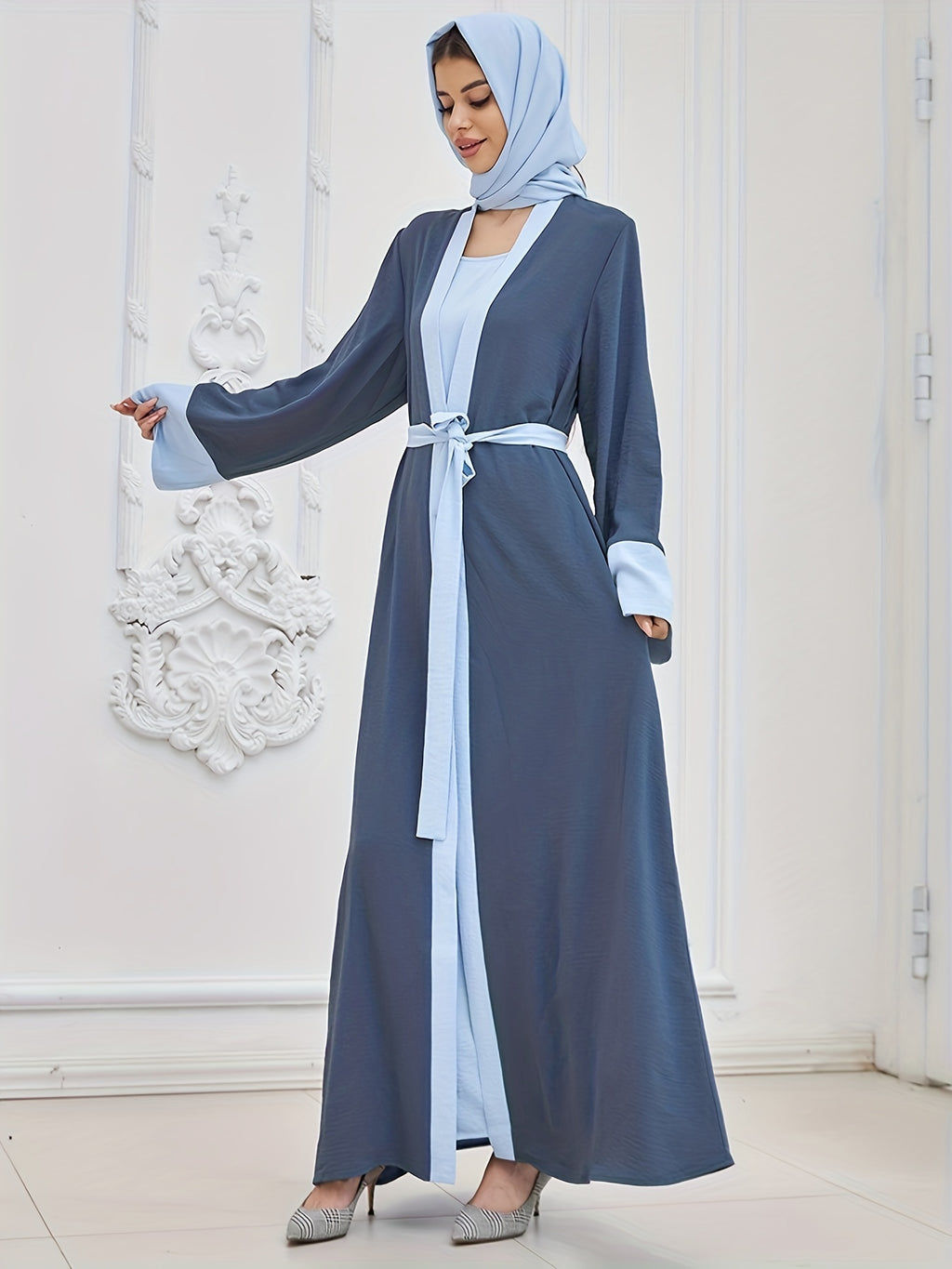 Two-piece Traditional Clothing Muslim Women's Long Loose Elegant Dress Robe Vest with Headscarf