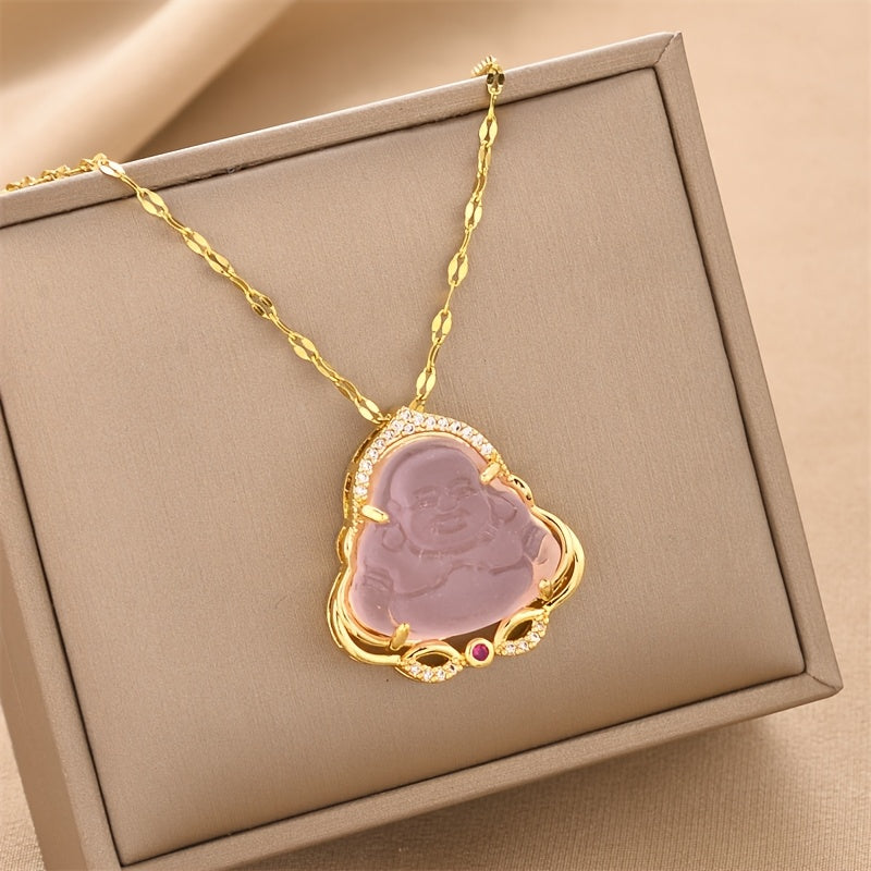 1pc Vintage Chinese Style Titanium Steel Buddha Pendant Necklace with Synthetic Imitation Jade, Lucky Charm Jewelry for Daily Wear & Gift-Giving, Valentine's Day Suitable, Buddha Necklaces