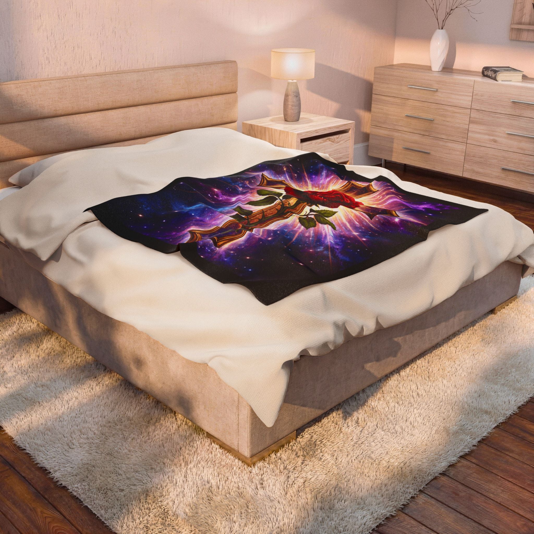 Velveteen Plush Blanket — Cosmic Rose & Cross Rosicrucian Spiritual Throw (Sacred Christian Decor)
