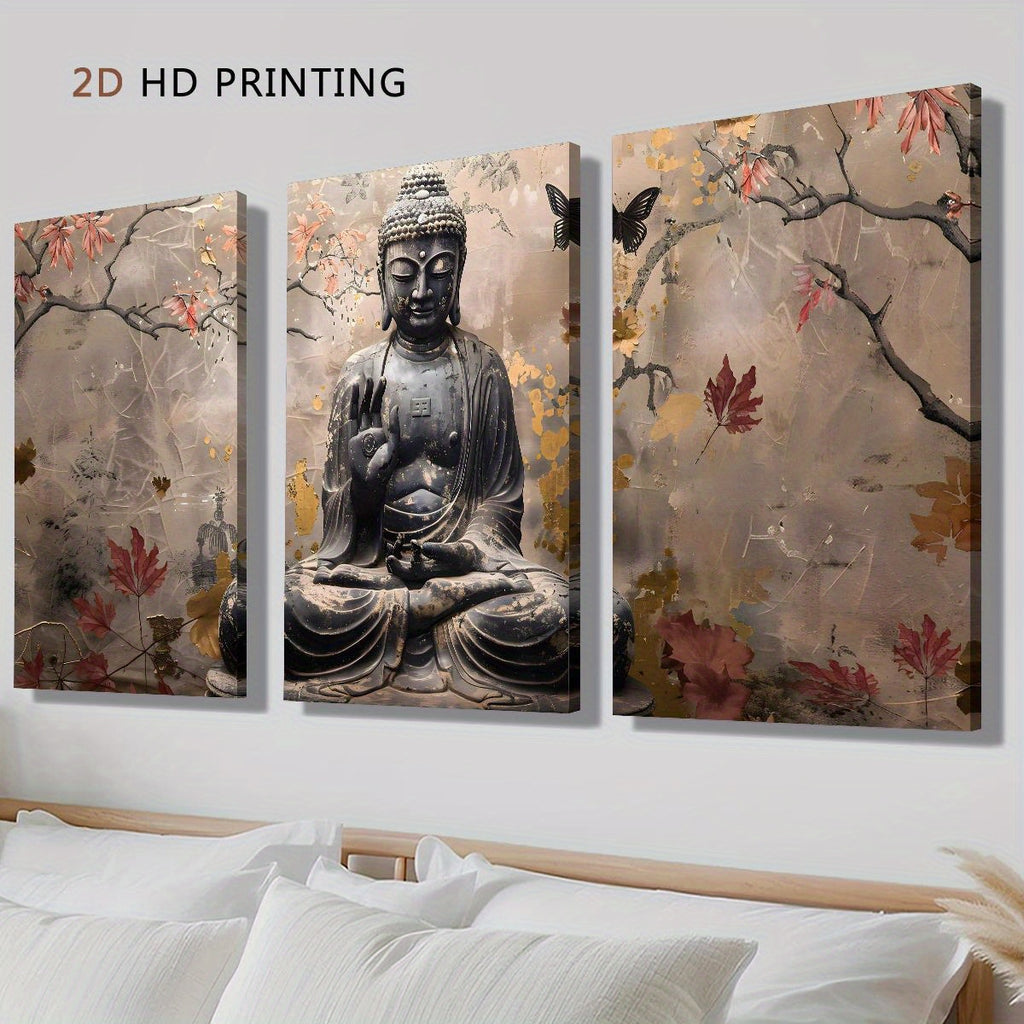2D Flat, 3pcs wood framed canvas print art, 2D Flat, Painting of Buddha statue in autumn tranquility, sepia and Golden art, religious poster, Suitable for home wall decoration, 2D Flat, Perfect for Room Decor