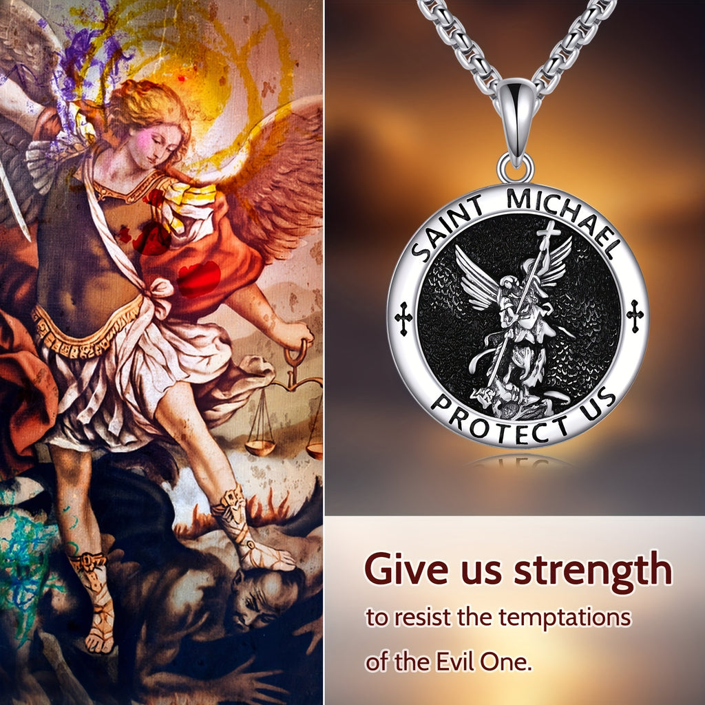 Pure Silvery St. Michael Necklace Amulet Protects Us Necklace Patron Angel Pendant Christian Jewelry Birthday Men's Gift
