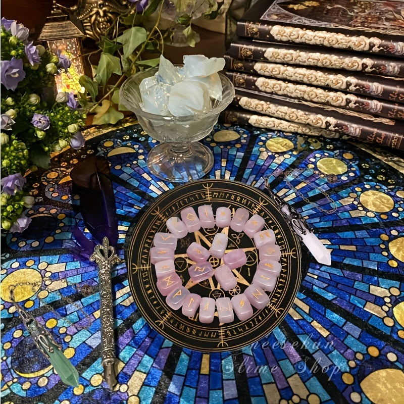A Nordic Rune Set Featuring Crystal Rune Stones, Including 25 Rune Stones, a Pendant, And a Carved Wooden Board. Elegant And Exquisite