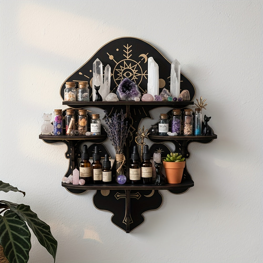 Wooden Mushroom Floating Shelves, Crystal Display Shelf for Wall, Wiccan Incantation Mushroom Wall Decor,  Gem Stone Storage Organizer, Essential Oil Holder Hanging Case, Meditation Art Spiritual Gift