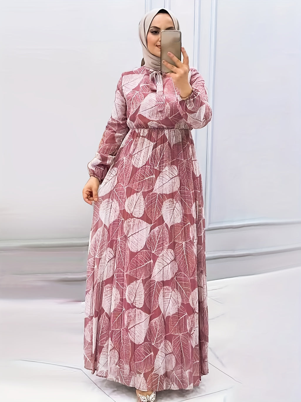 Women's Middle Eastern Muslim Print Pleated Waist Dress (Headscarf Not Included)