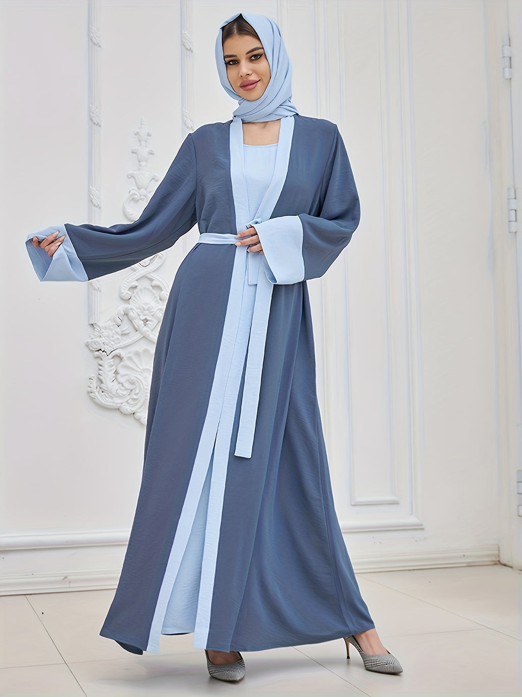 Two-piece Traditional Clothing Muslim Women's Long Loose Elegant Dress Robe Vest with Headscarf