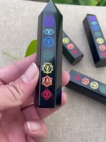 Seven Chakra Obsidian Rune Pillar - Hexagonal Crystal Tower, Gemstone for Home And Office Decoration