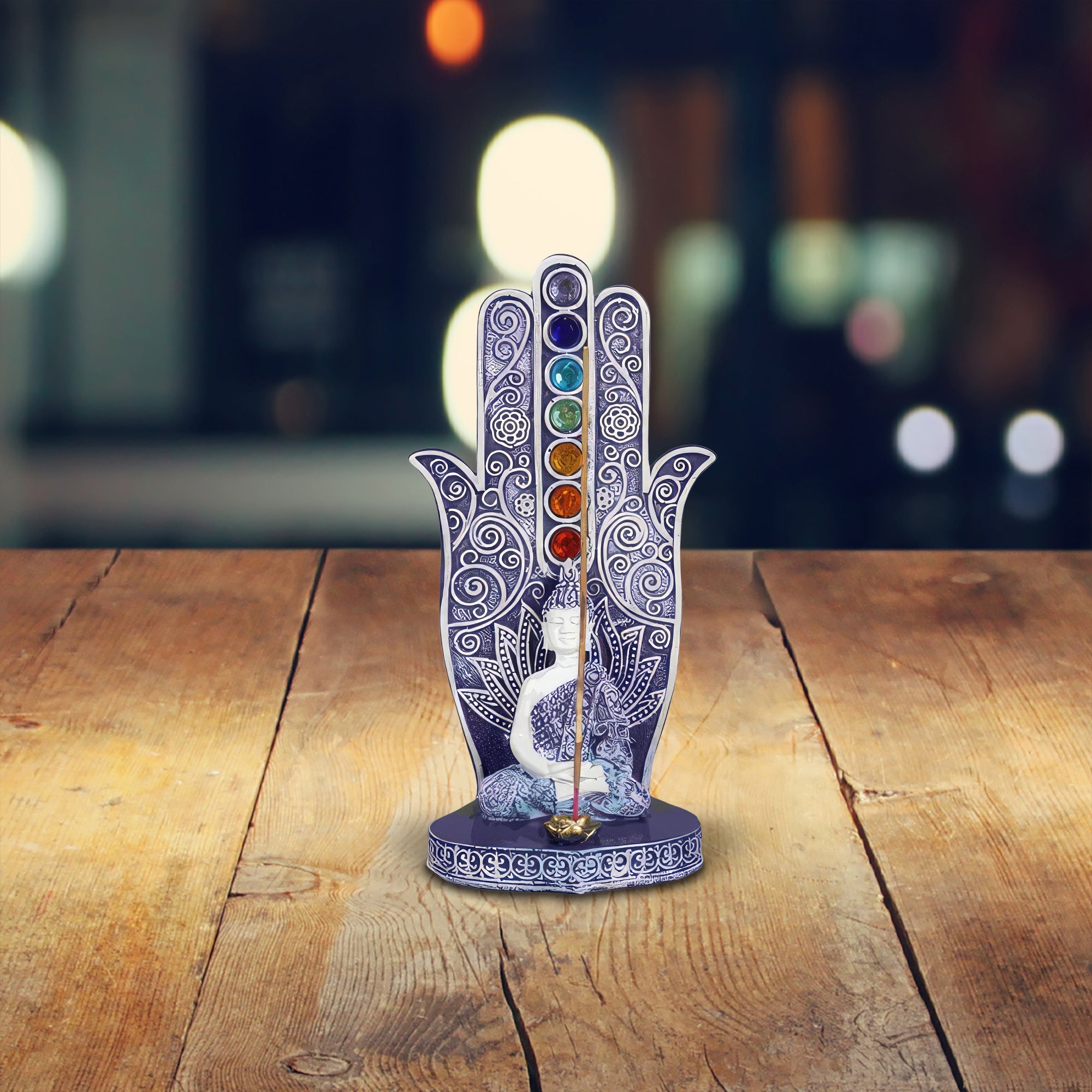 6"H Buddha Incense Burner with Blue and White Buddha Palm Statue Sculpture Ornament Decoration Home/Room Decor and Unique Gift Ideas for Housewarming, Holidays and Birthdays Great Collectible Addition