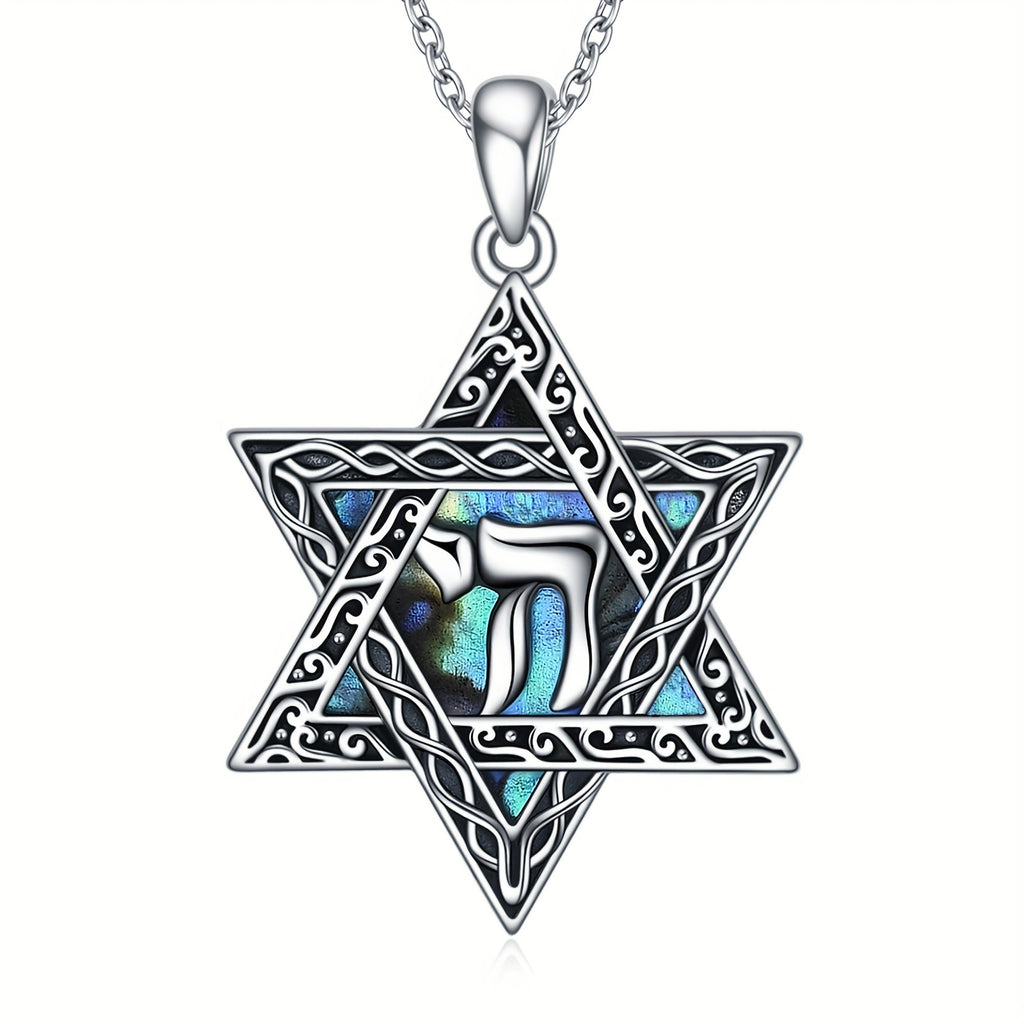 Star Of David Necklace Sterling Silver Hebrew Chai (Life) Abalone Shell Pendant Jewish Token Jewelry