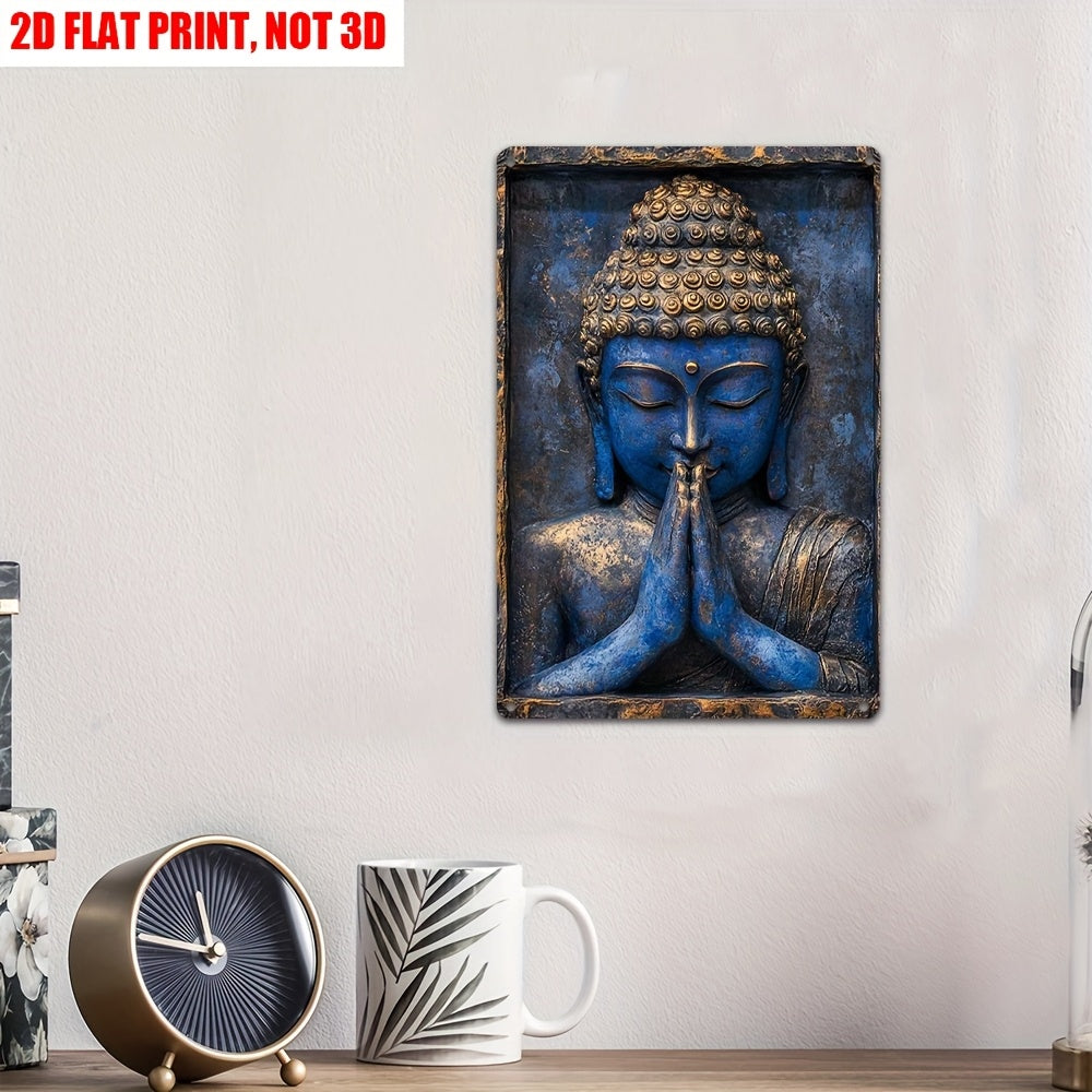 2D Flat, 1pc, 2D Flat Retro Blue Buddha Statue Prayer Hand Metal Wall Art, 8X12 Inches, Metal Plaque Decorative Medal and Statue Printing, Suitable for Yacht, Living Room, Fitness, Home Furnishings, Courtyard, Coffee Shop Wal