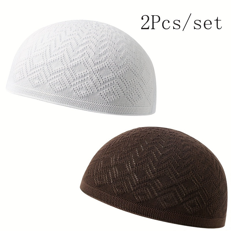 2pcs/Set Men'S Muslim Kufi Cap, Breathable Knitted Polyester Prayer Hat, Lightweight Middle Eastern Arab Traditional Headwear, Adjustable Toggle Closure, Machine Washable, Ramadan Celebration