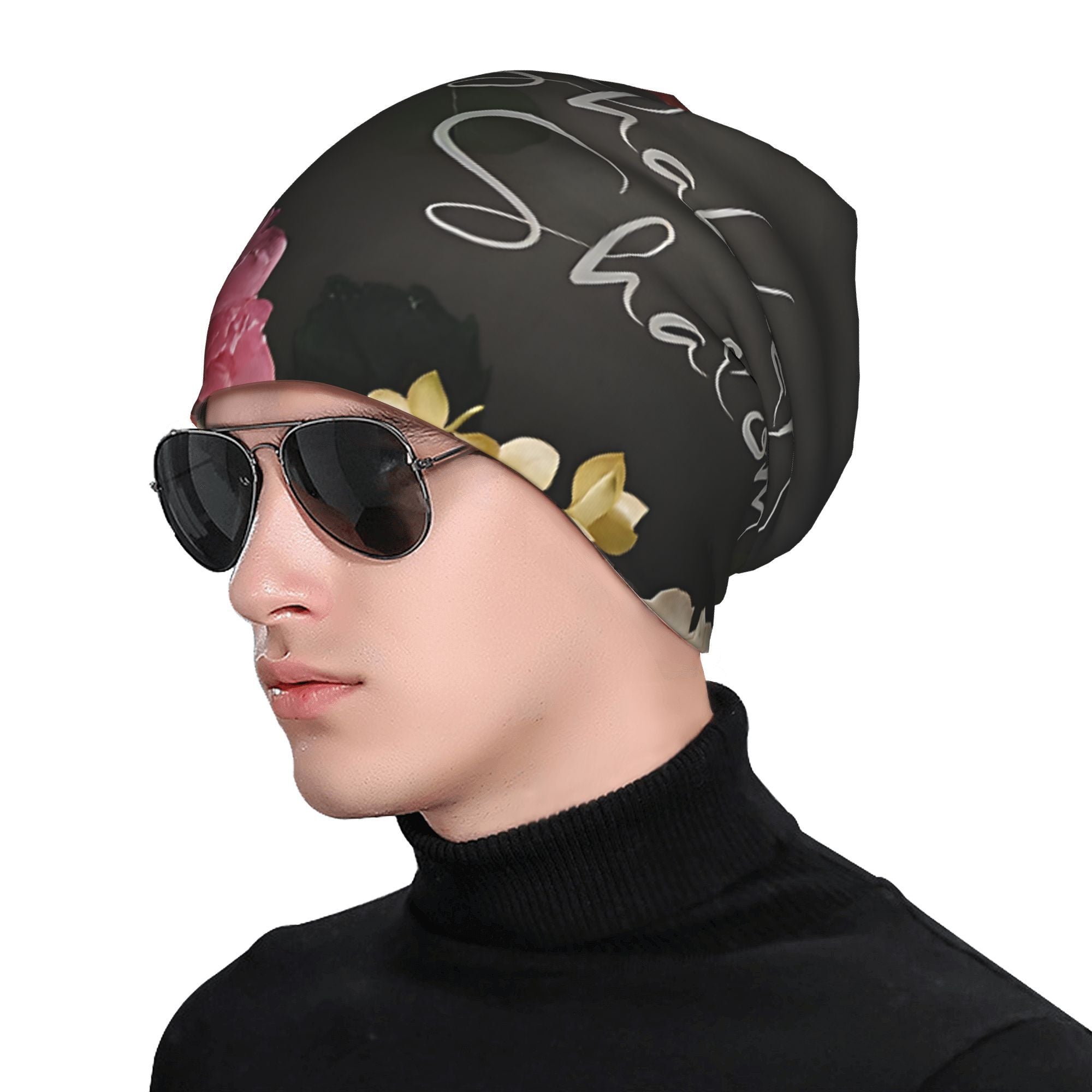 Shabbat Shalom Floral Jewish Skull Cap Beanie, Funky Style Knit Fabric Hat, Lightweight Polyester & Spandex Blend, with Slight Stretch, for Men and Women