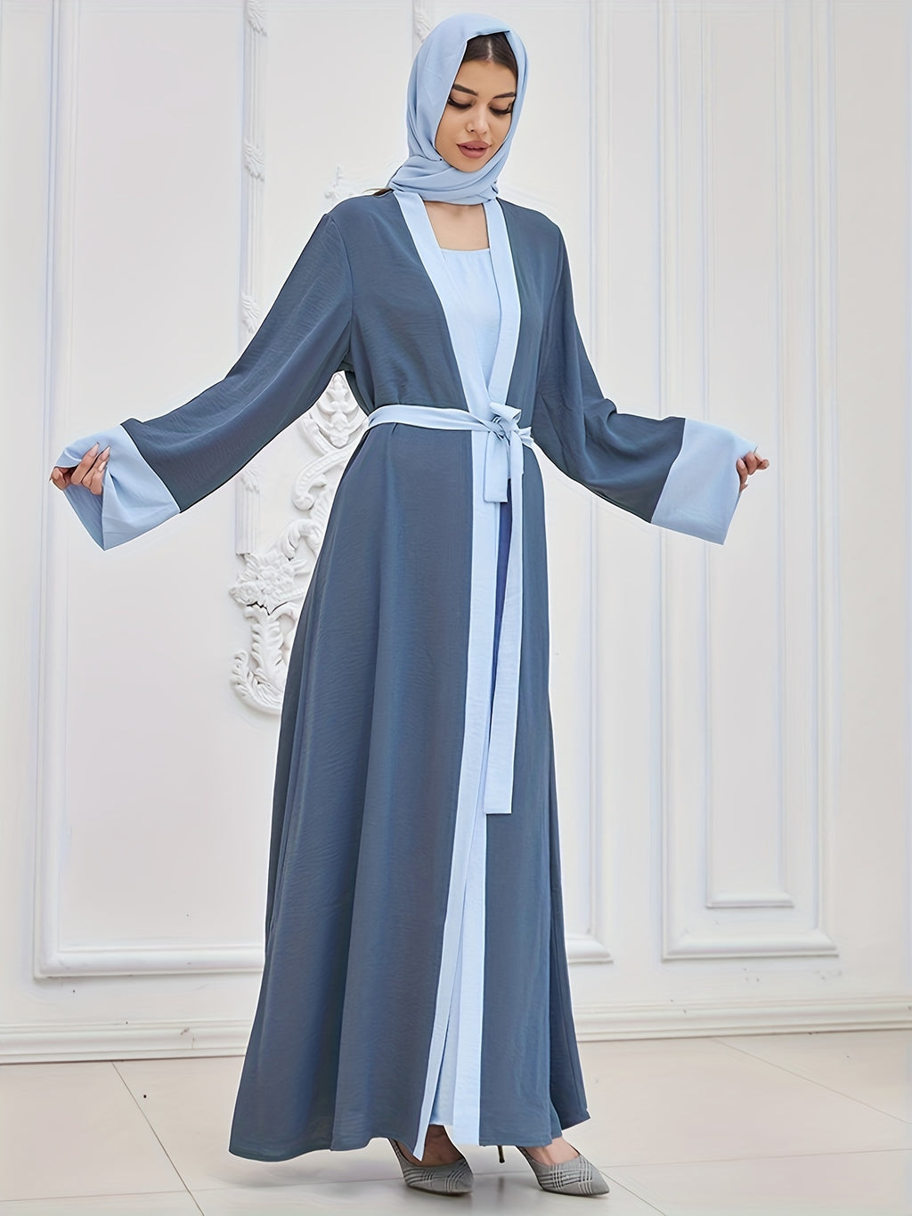 Two-piece Traditional Clothing Muslim Women's Long Loose Elegant Dress Robe Vest with Headscarf