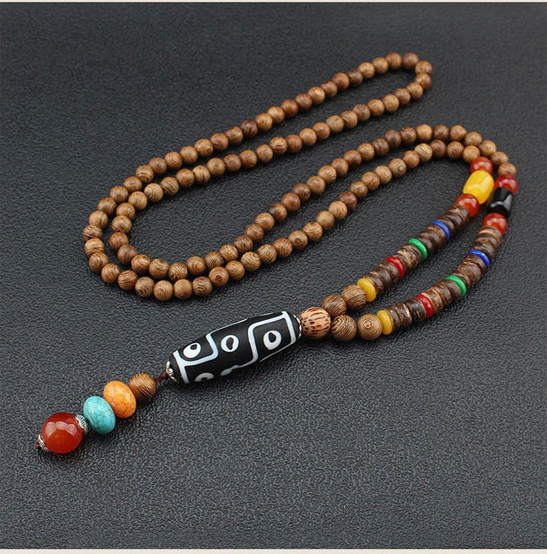 Bohemian Ethnic Wooden Buddha Bead Necklace for Men & Women - Natural Wood & Water Buffalo Turquoise Beads, Handcrafted Retro Unisex Jewelry for Daily Wear, Vacations, Unique Gift Idea