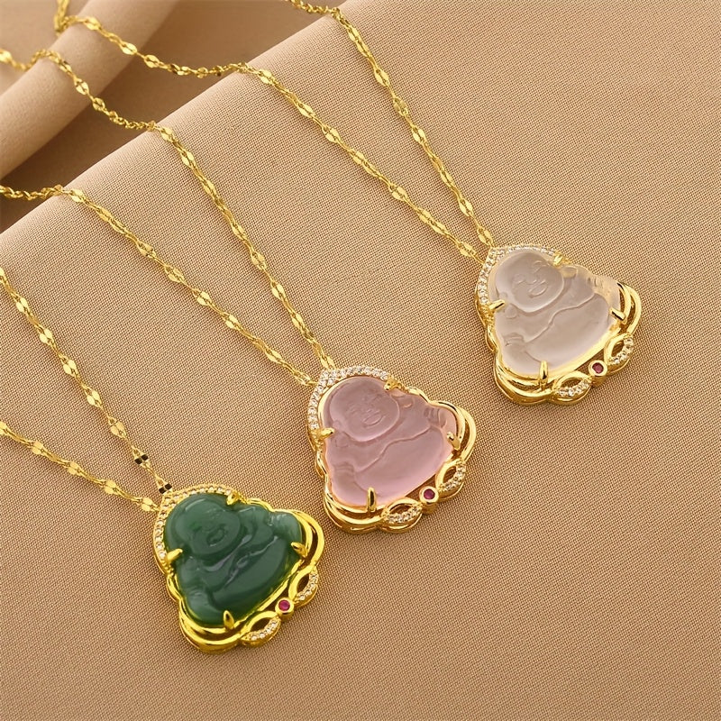 1pc Vintage Chinese Style Titanium Steel Buddha Pendant Necklace with Synthetic Imitation Jade, Lucky Charm Jewelry for Daily Wear & Gift-Giving, Valentine's Day Suitable, Buddha Necklaces