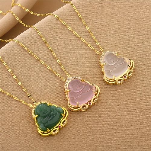 1pc Vintage Chinese Style Titanium Steel Buddha Pendant Necklace with Synthetic Imitation Jade, Lucky Charm Jewelry for Daily Wear & Gift-Giving, Valentine's Day Suitable, Buddha Necklaces