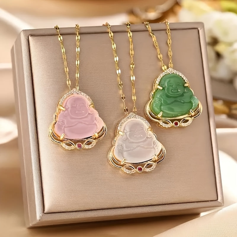 1pc Vintage Chinese Style Titanium Steel Buddha Pendant Necklace with Synthetic Imitation Jade, Lucky Charm Jewelry for Daily Wear & Gift-Giving, Valentine's Day Suitable, Buddha Necklaces