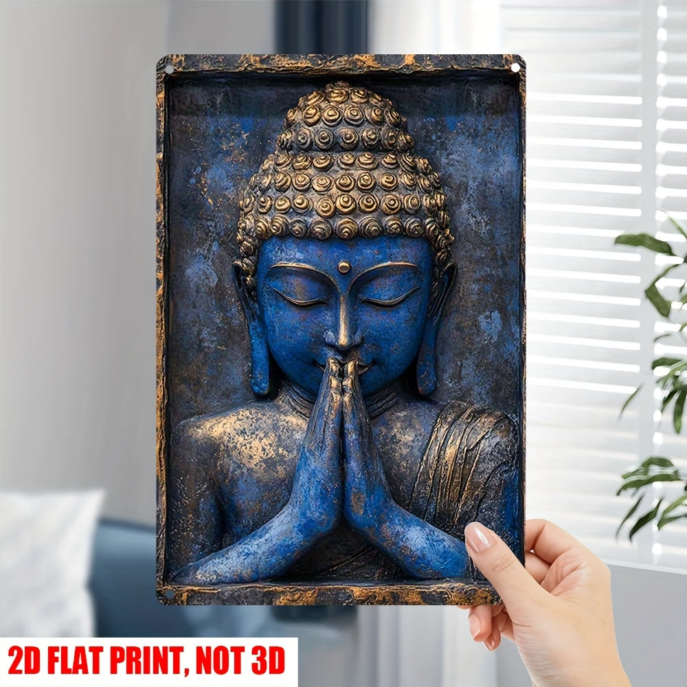 2D Flat, 1pc, 2D Flat Retro Blue Buddha Statue Prayer Hand Metal Wall Art, 8X12 Inches, Metal Plaque Decorative Medal and Statue Printing, Suitable for Yacht, Living Room, Fitness, Home Furnishings, Courtyard, Coffee Shop Wal