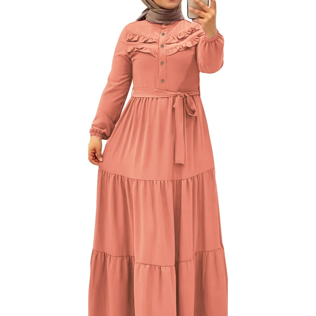 Elegant Light Green Maxi Dress for Muslim Women - Casual Solid Color with Ruffle Hem & Button Detail, Polyester Blend, Machine Washable - Hijab Not Included
