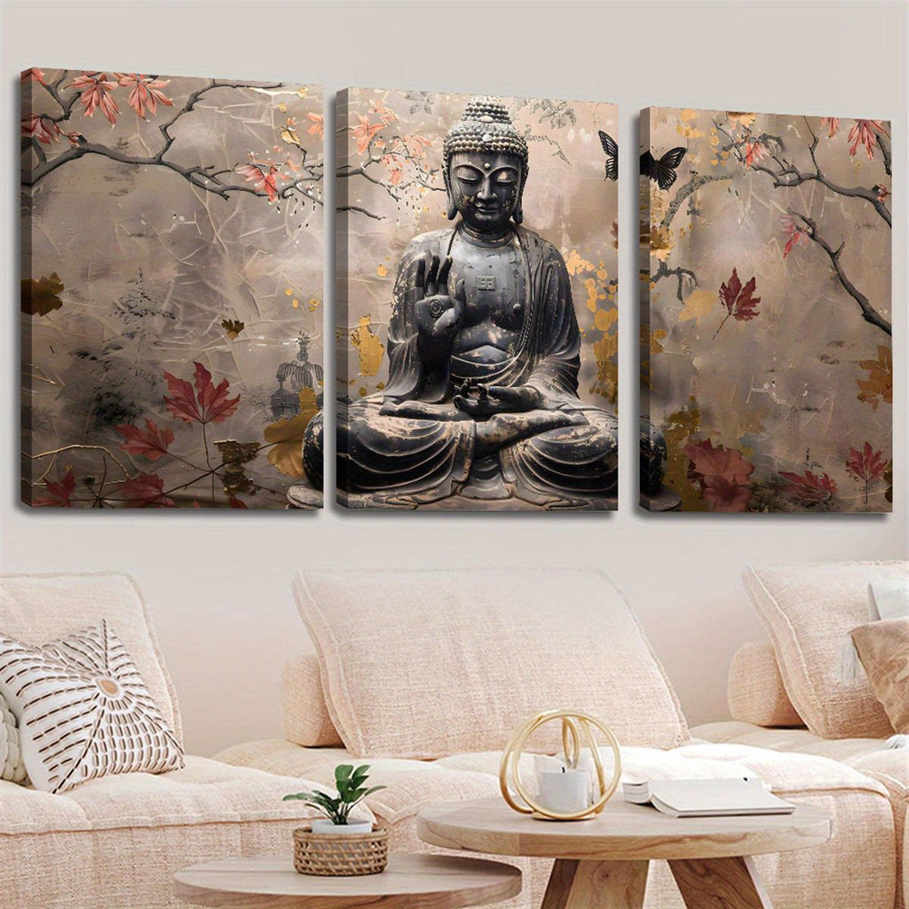 2D Flat, 3pcs wood framed canvas print art, 2D Flat, Painting of Buddha statue in autumn tranquility, sepia and Golden art, religious poster, Suitable for home wall decoration, 2D Flat, Perfect for Room Decor