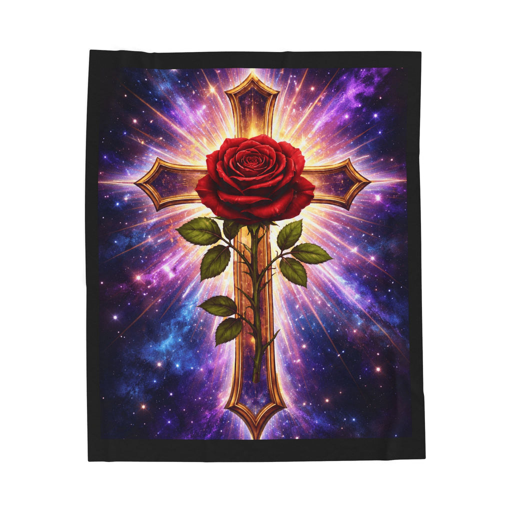 Velveteen Plush Blanket — Cosmic Rose & Cross Rosicrucian Spiritual Throw (Sacred Christian Decor)
