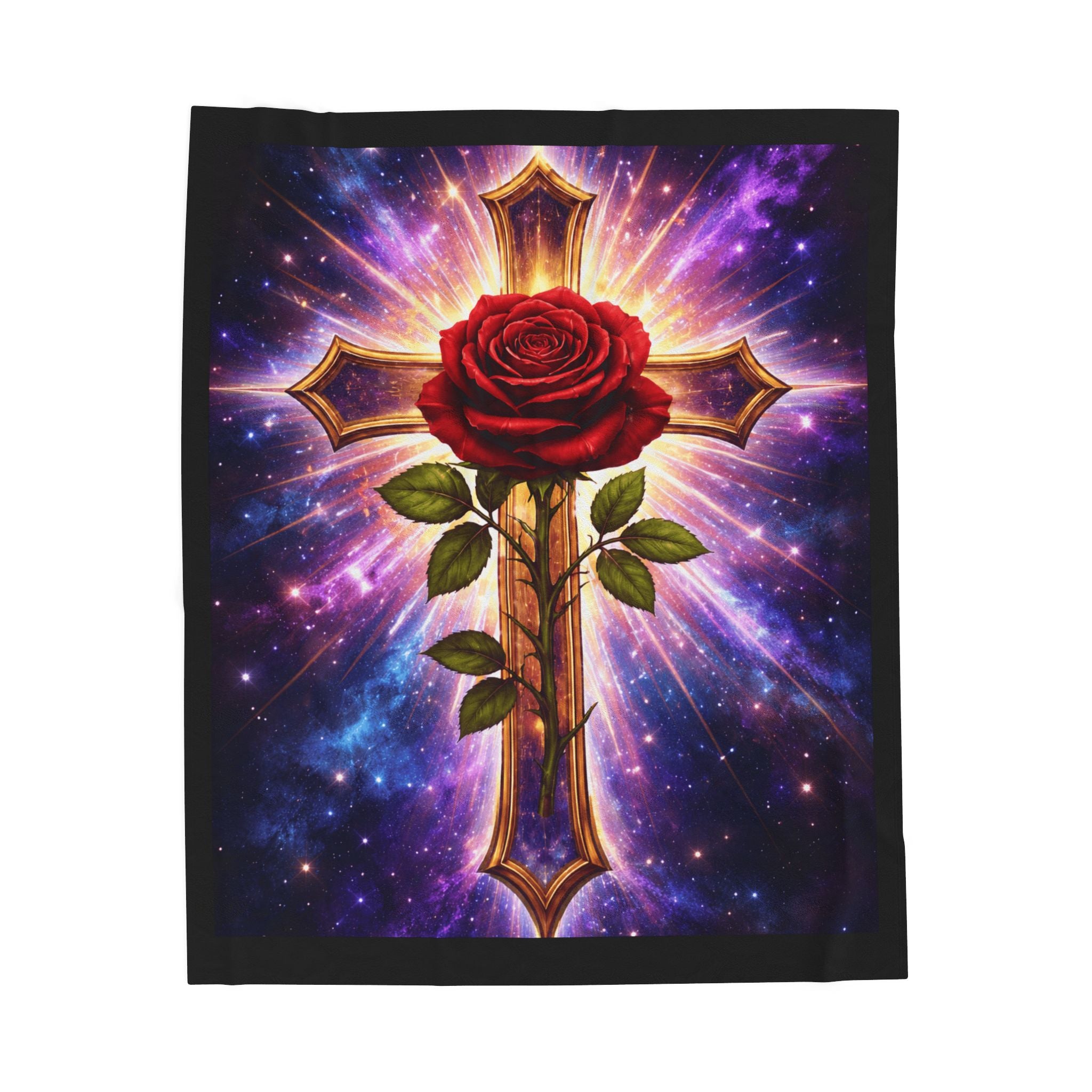 Velveteen Plush Blanket — Cosmic Rose & Cross Rosicrucian Spiritual Throw (Sacred Christian Decor)