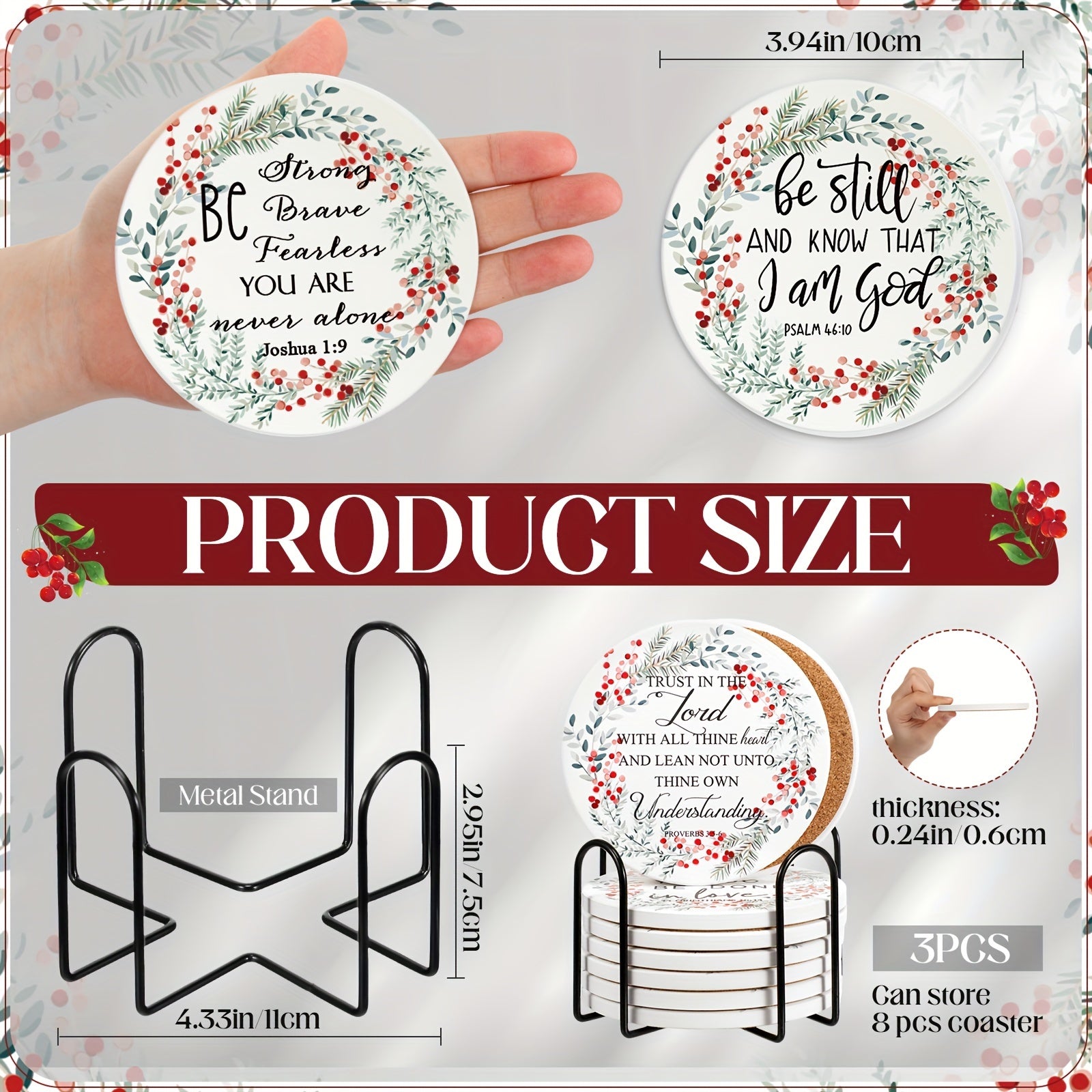 Set of 24 Christian Coasters Bulk Gift Religious Bible Verse Ceramic Coaster for Women Cork Backing Absorbent Coaster with Holder for Men Church Welcome Favor Kitchen Supplies (Berry Style)
