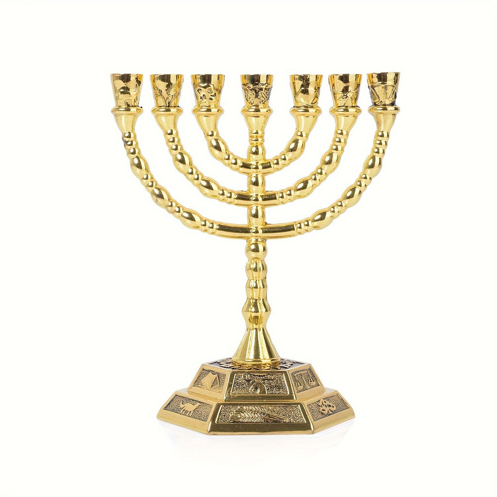 7-Branch Traditional Gold-Plated Menorah Candle Holder, Metal Jewish Candelabra for Hanukkah, Home Decor, Thanksgiving, Christmas & Halloween Gift