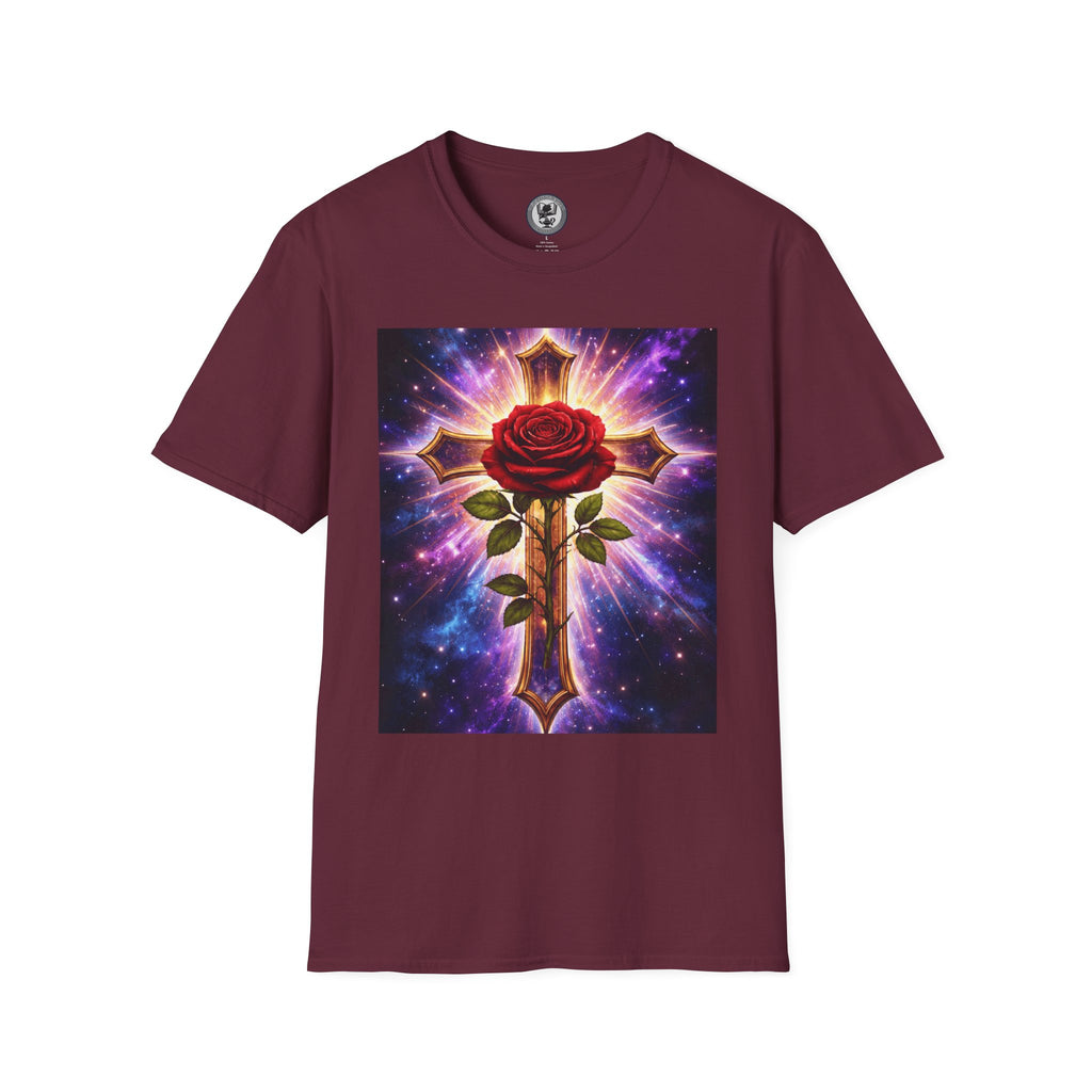 Cosmic Rose Cross T-Shirt — Rosicrucian Spiritual Floral Cross Graphic Tee