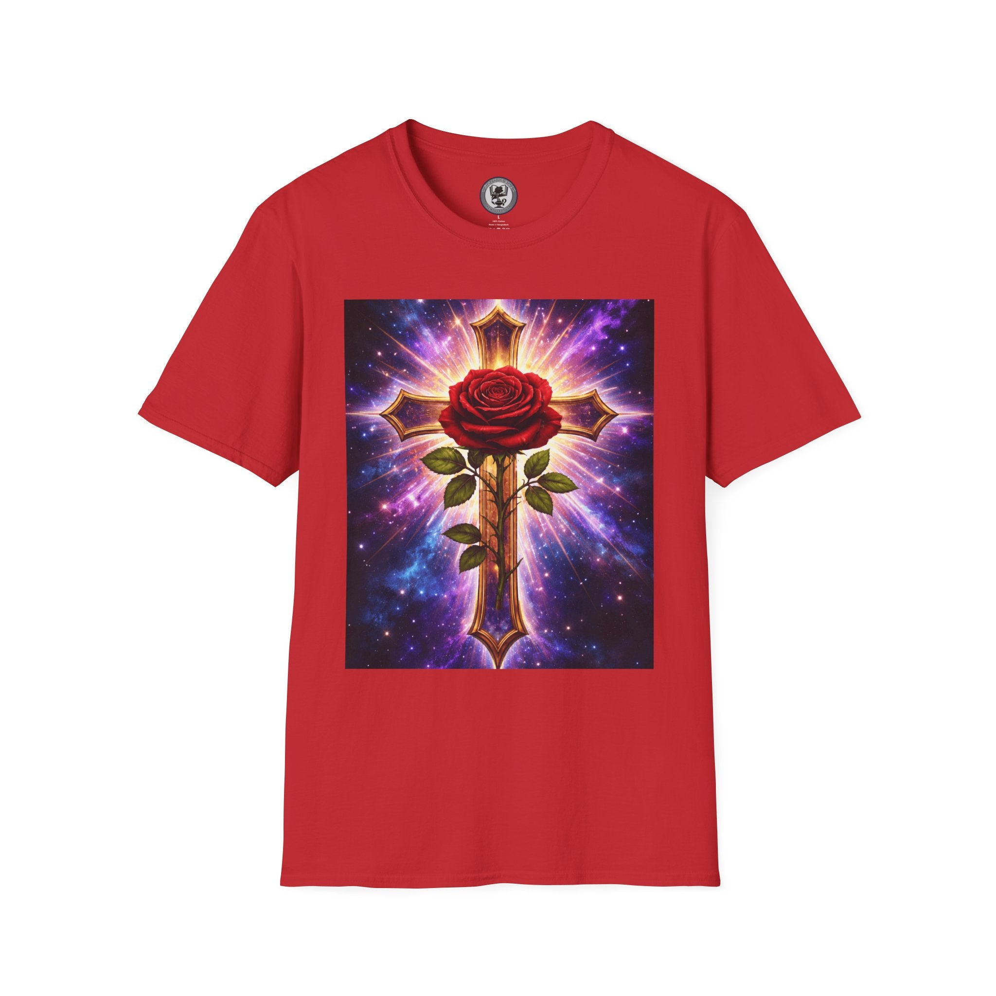 Cosmic Rose Cross T-Shirt — Rosicrucian Spiritual Floral Cross Graphic Tee