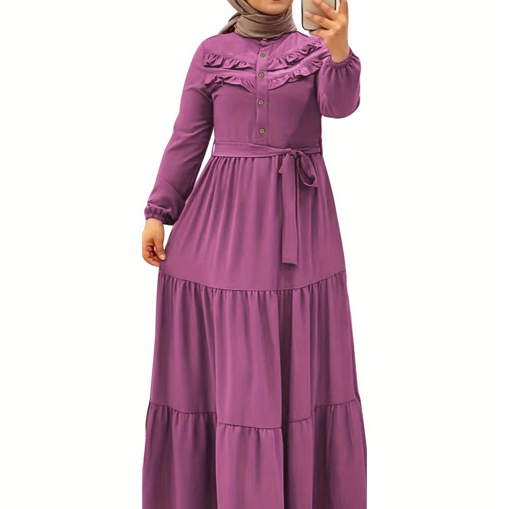Elegant Light Green Maxi Dress for Muslim Women - Casual Solid Color with Ruffle Hem & Button Detail, Polyester Blend, Machine Washable - Hijab Not Included