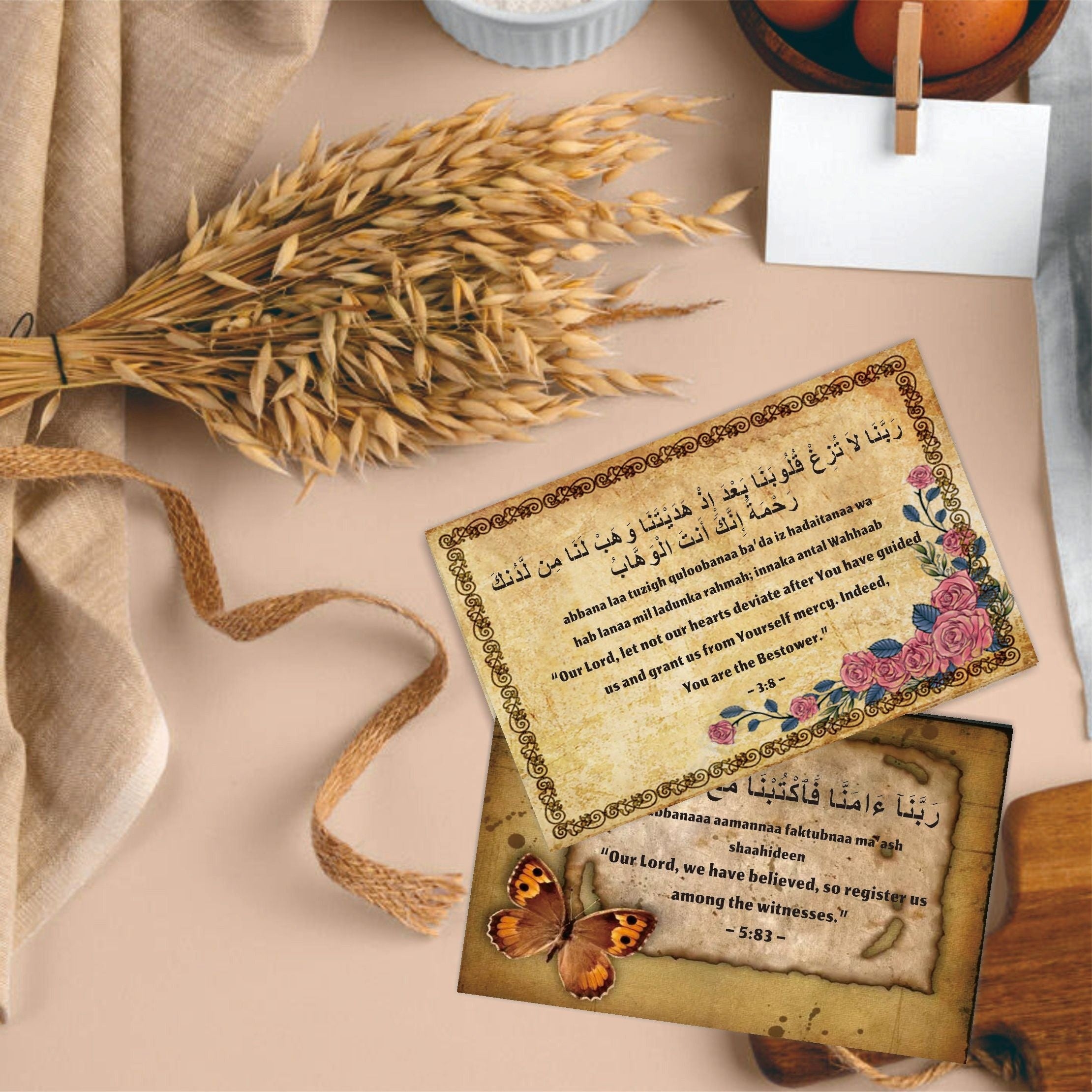 Islamic Prayer Cards - 40 Rabbana Dua Supplications | Arabic English Translation, Transliteration, Minimal Line Art, Floral Gift for Muslim