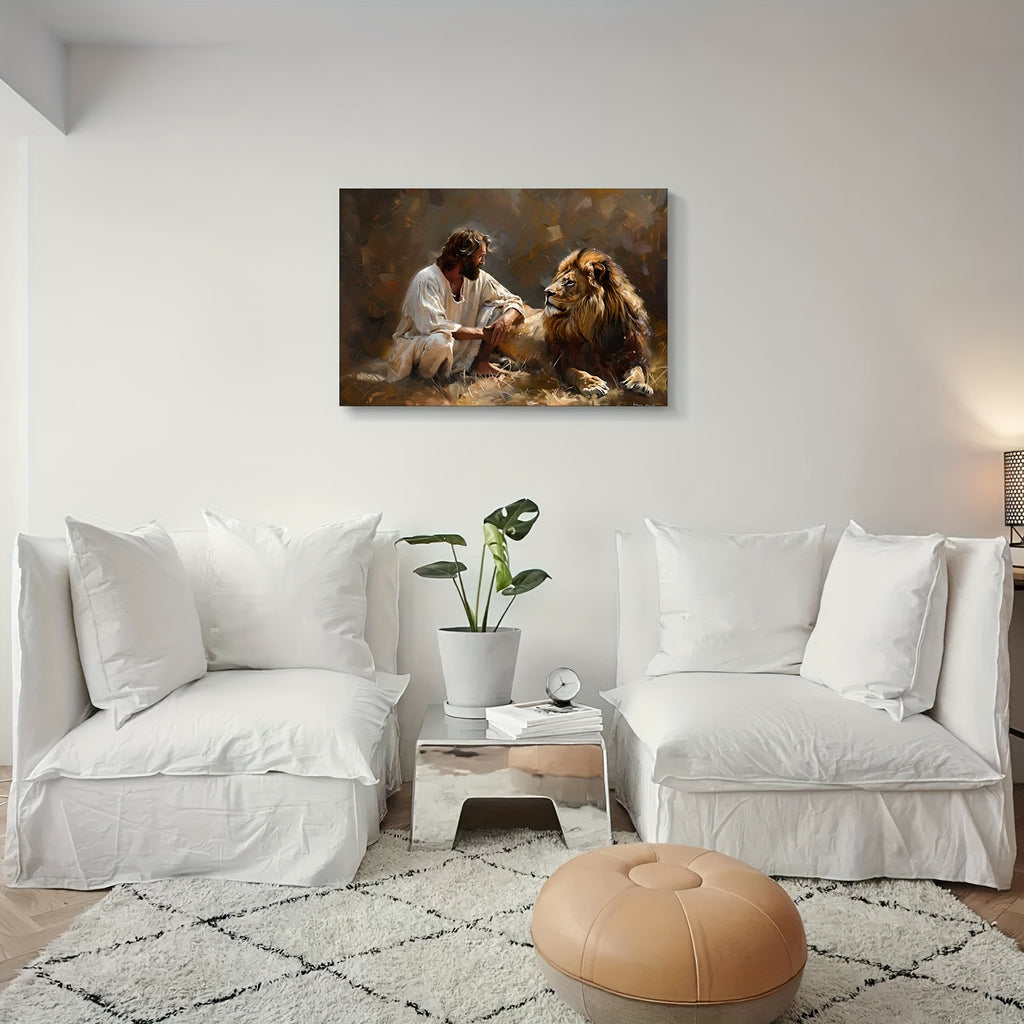 1pc Framed Lion and Jesus Canvas Wall Decor Striking Lion of Judah Poster with Savior Inspirational Christian Art for Office Church and Home Ready to Hang