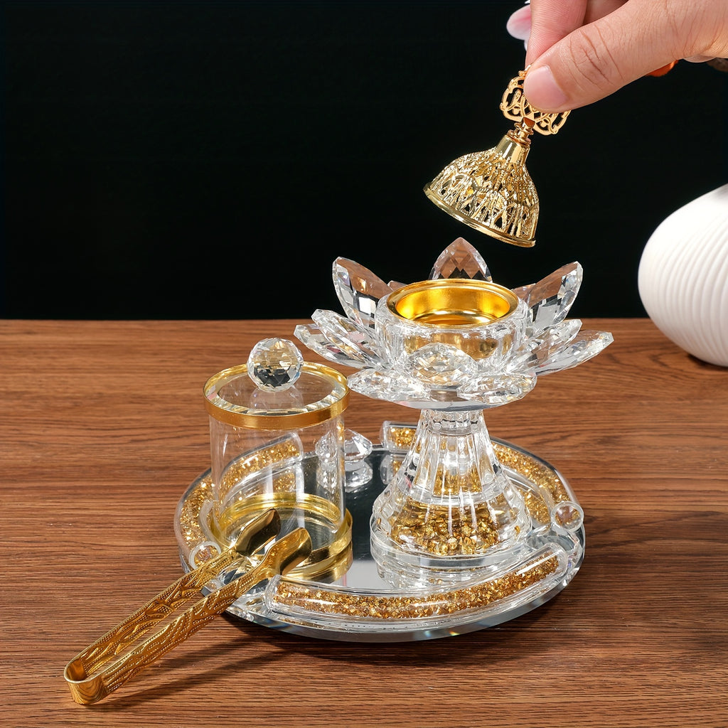 [Home Wedding Ramadan] 4pcs Crystal for Lotus Glass Incense Holder Set, Luxury Diamond Muslim Censers Sticks Hold for Home Wedding Ramadan Decoration, 2024