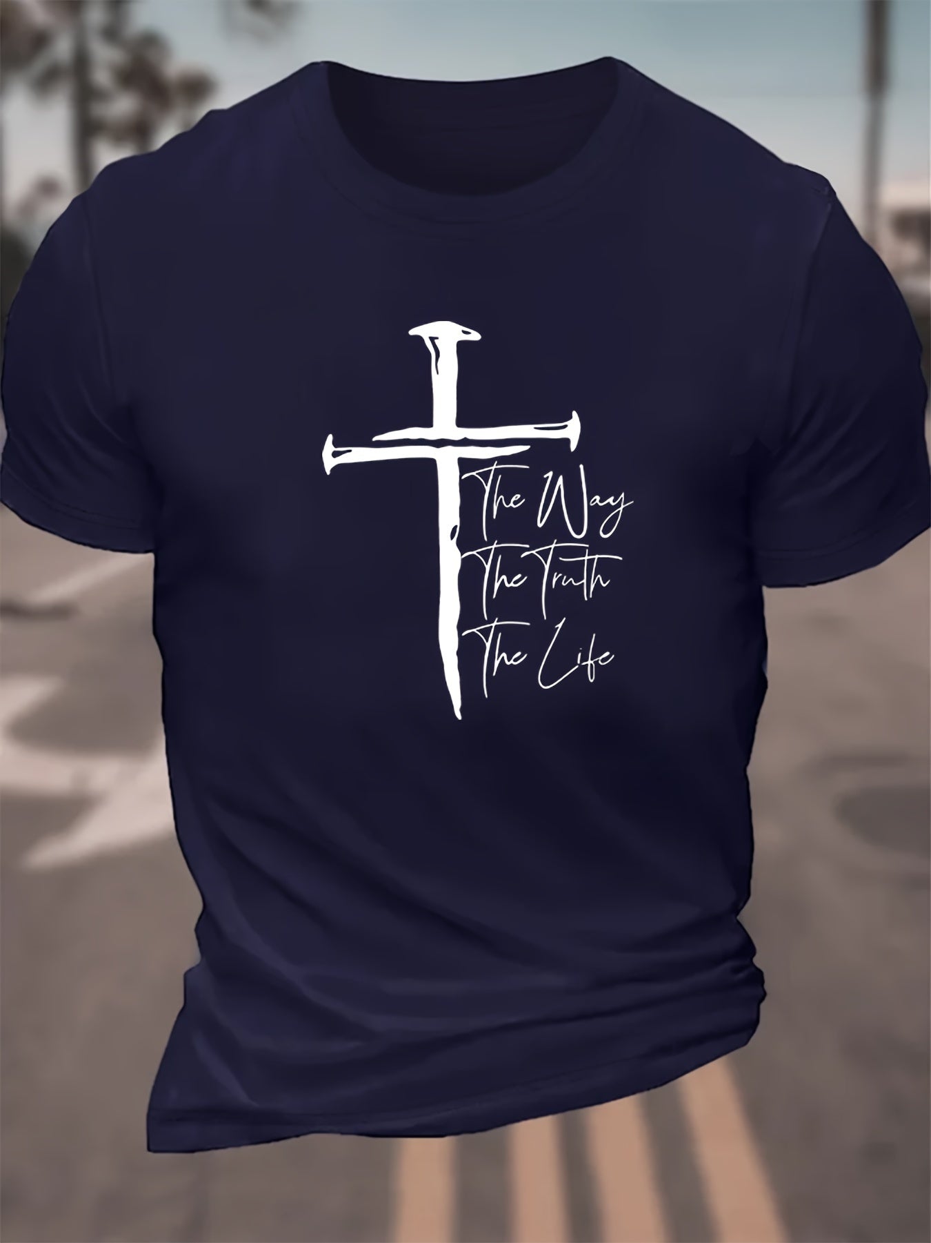 Creative Christian Cross Graphic Print Casual Crew Neck Short Sleeve T-shirt For Men, Comfy Casual Summer T-Shirt For Daily Wear Work Out And Vacation Resorts