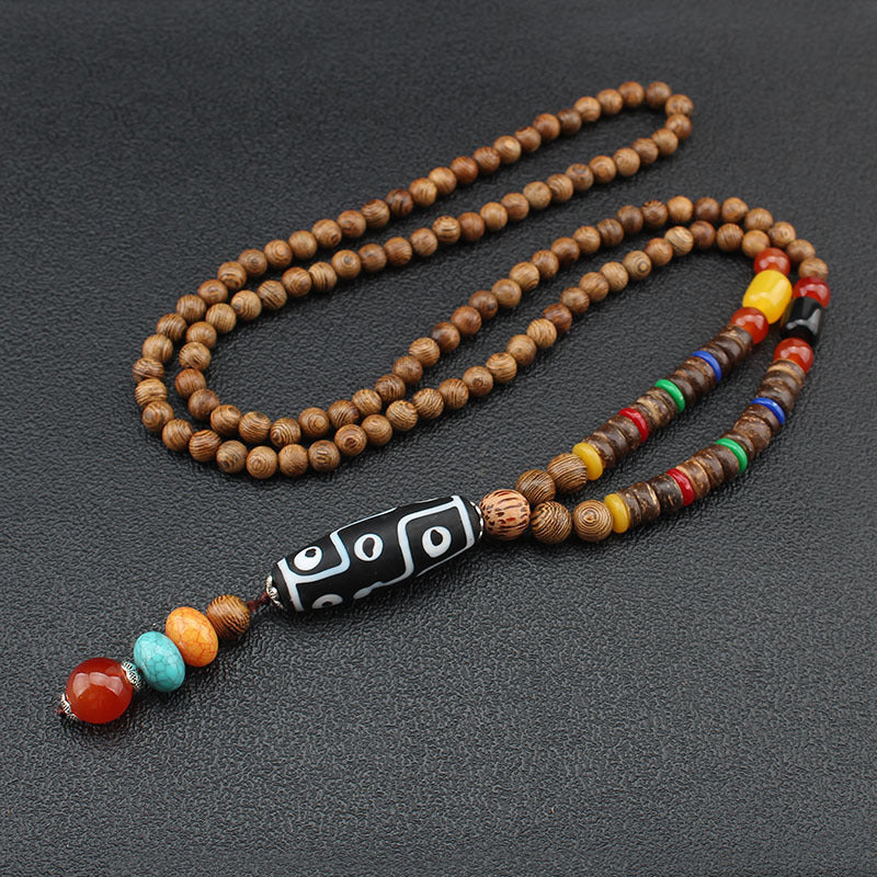 Bohemian Ethnic Wooden Buddha Bead Necklace for Men & Women - Natural Wood & Water Buffalo Turquoise Beads, Handcrafted Retro Unisex Jewelry for Daily Wear, Vacations, Unique Gift Idea