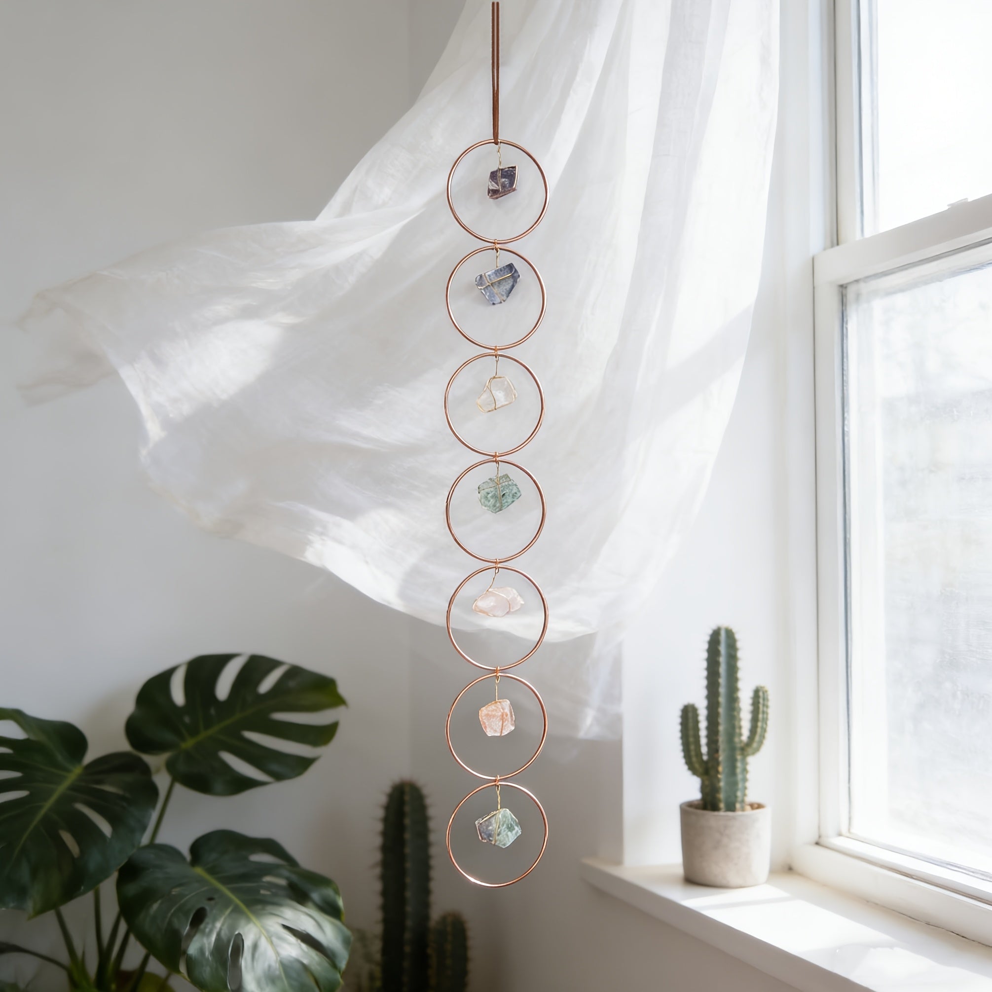 Vintage 7 Chakra Crystal Gemstone Wall Hanger - Rustic Hanging Ornament for Home Decor, Yoga & Spiritual Meditation, Natural Stones for Healing, Vintage Home Decor