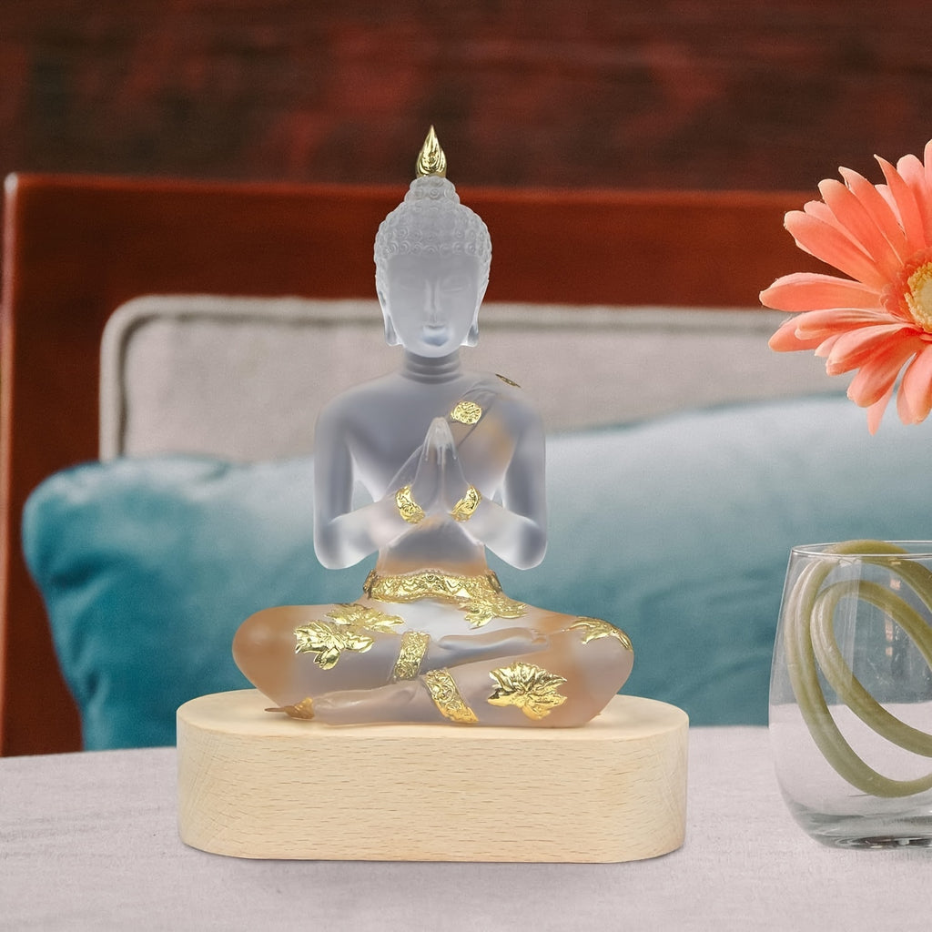 Buddha Statue with LED Light Base, 7'' Seated Small Figurine Collectibles Meditation Decor, Transparent Sculpture Ornaments for Spiritual Living Room, Yoga Zen, Home Decoration