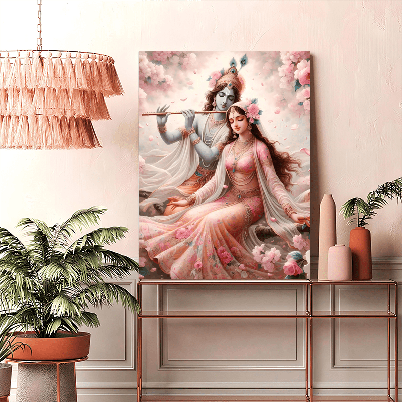 [2D Flat] 1pc Radha Krishna Indian Spiritual Painting - Krishna & Radha in Cherry Blossom Grove, Large Vertical Canvas Wall Art with Wooden Frame (12x16 Inches / 30x40cm) - Ready-to-Hang Hindu Deity Decor for Meditation Room,