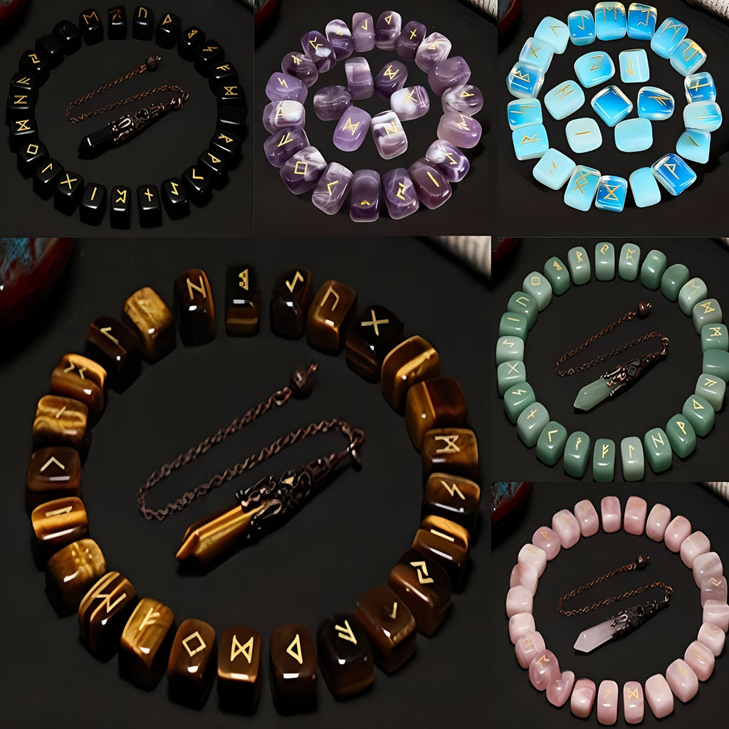 A Nordic Rune Set Featuring Crystal Rune Stones, Including 25 Rune Stones, a Pendant, And a Carved Wooden Board. Elegant And Exquisite