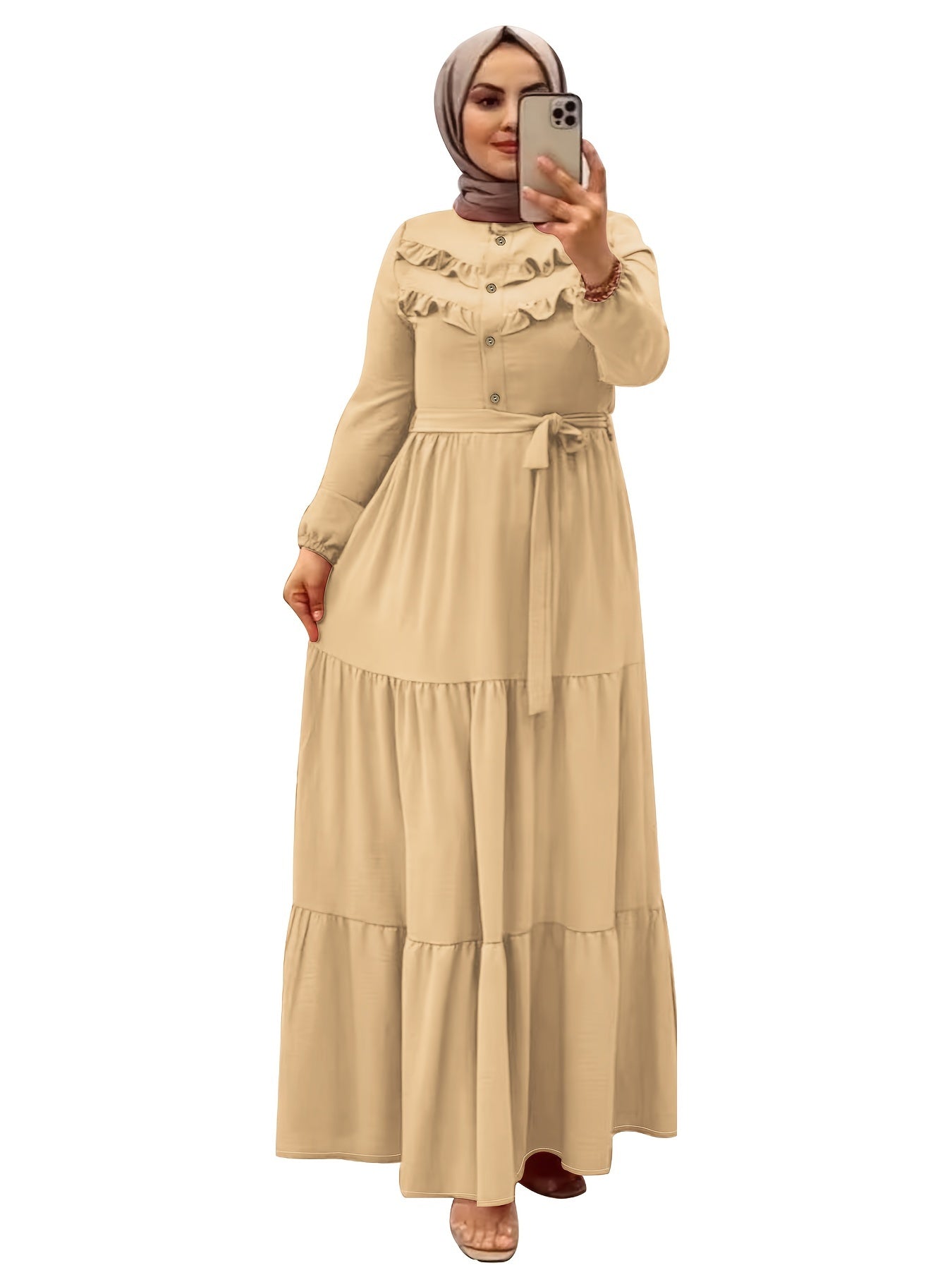 Elegant Light Green Maxi Dress for Muslim Women - Casual Solid Color with Ruffle Hem & Button Detail, Polyester Blend, Machine Washable - Hijab Not Included