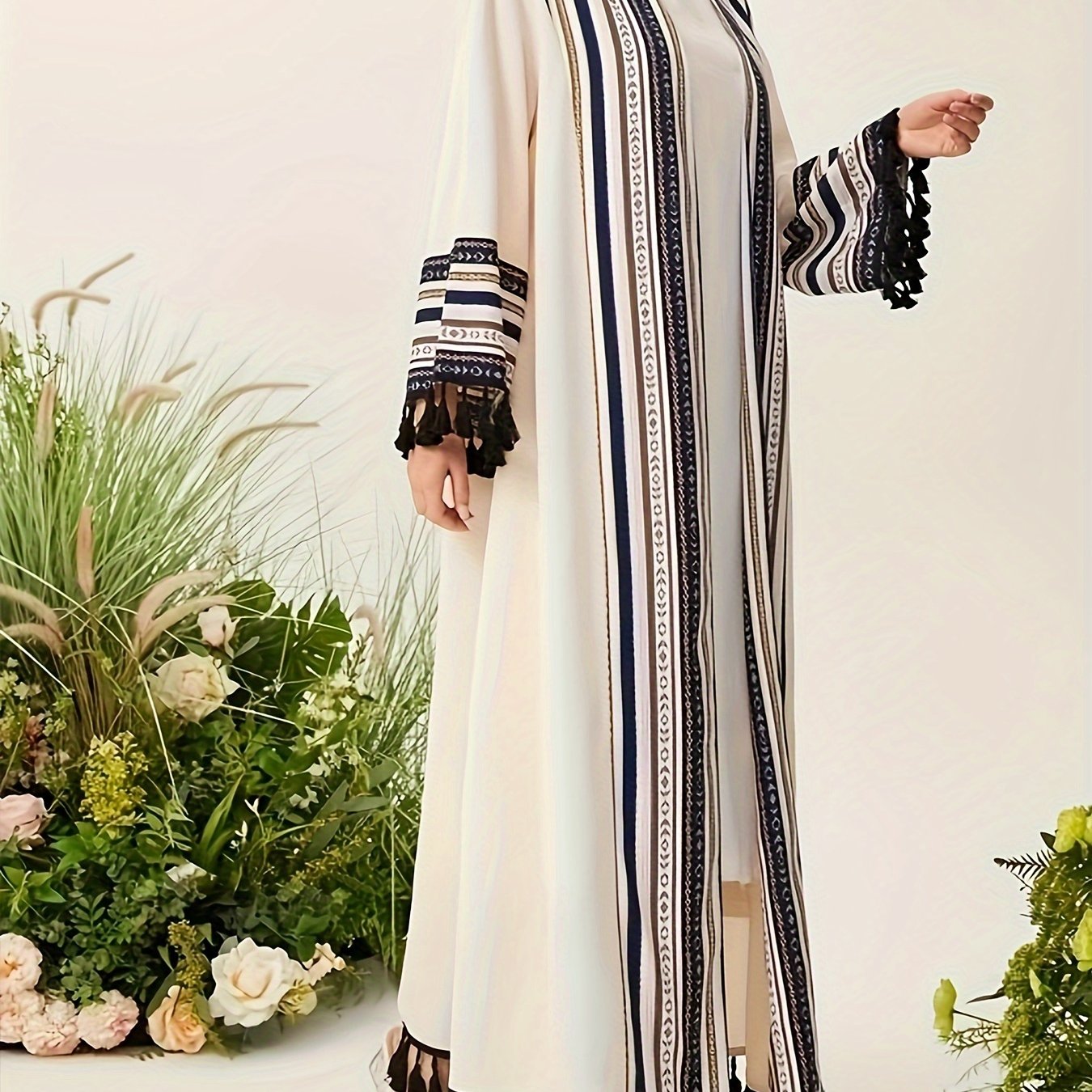 [Open Front Tribal Kaftan Cover] Tribal Pattern Open Front Kaftan Cover Up, Elegant Tassel Hem Long Sleeve Maxi Length Muslim Cover Up, Women's Clothing