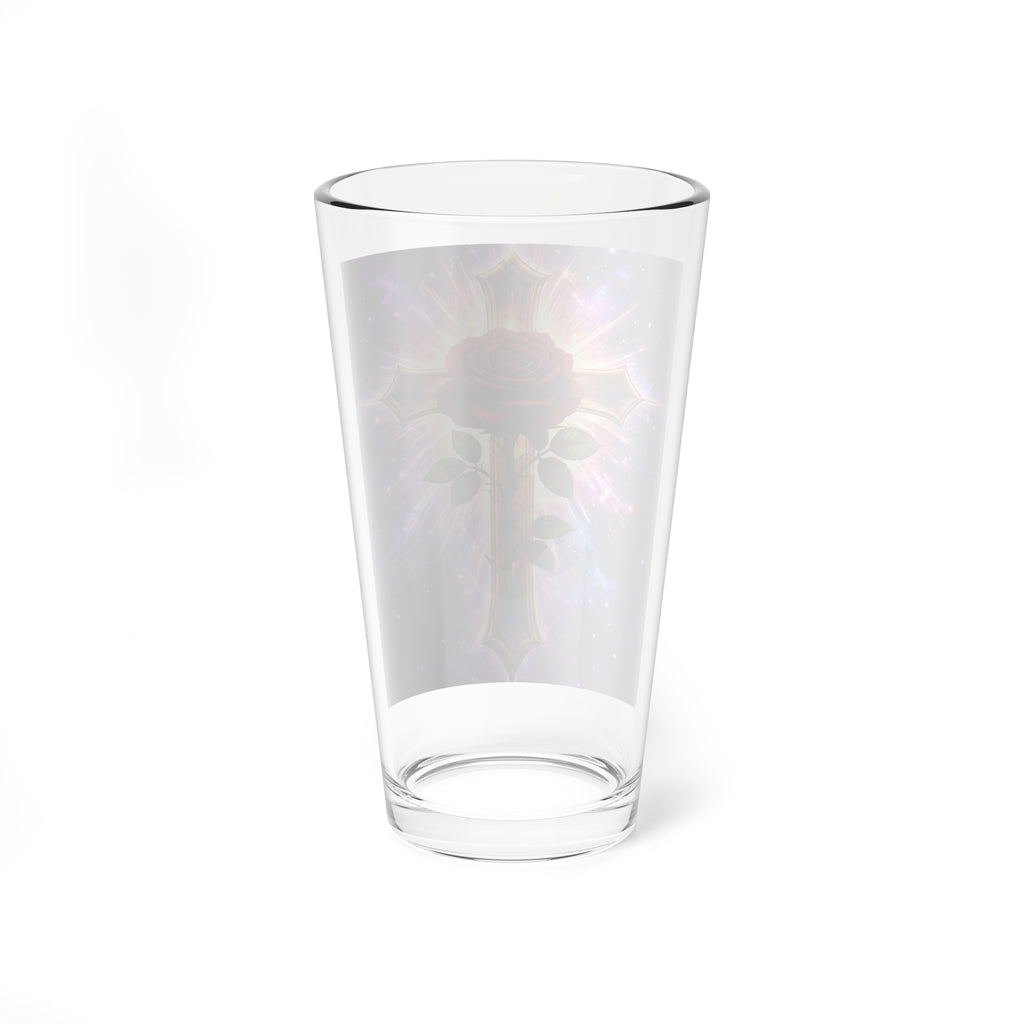 16oz Glass with Rose & Radiant Cross Design — Spiritual Rosicrucian Gift