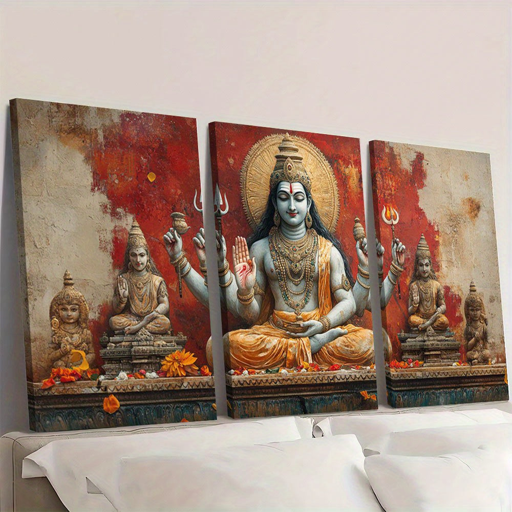 [2D Flat] A Set of Three Decorative Paintings Featuring Hindu Deities, Framed in Wood, with a Vibrant Red Backdrop Showcasing, Vishnu, And Brahma. This Modern Aesthetic Artwork Measures 15.7X23.6 inch And Is Perfect for Enhan