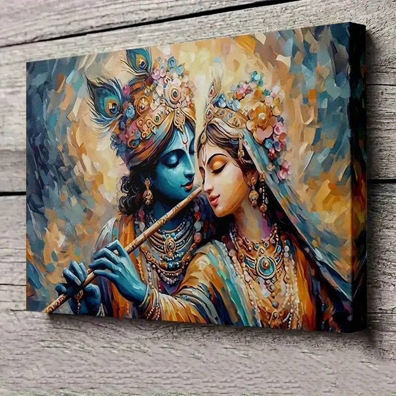 1pc Hindu Radha Krishna Canvas Painting - Divine Love Couple Art with Blue & Golden Indian Wedding Decor - Wooden Framed Canvas Print for Home, Temple, Office - Spiritual Hindu Wall Art Gift, Hindu Wall Art, Home Decoration,