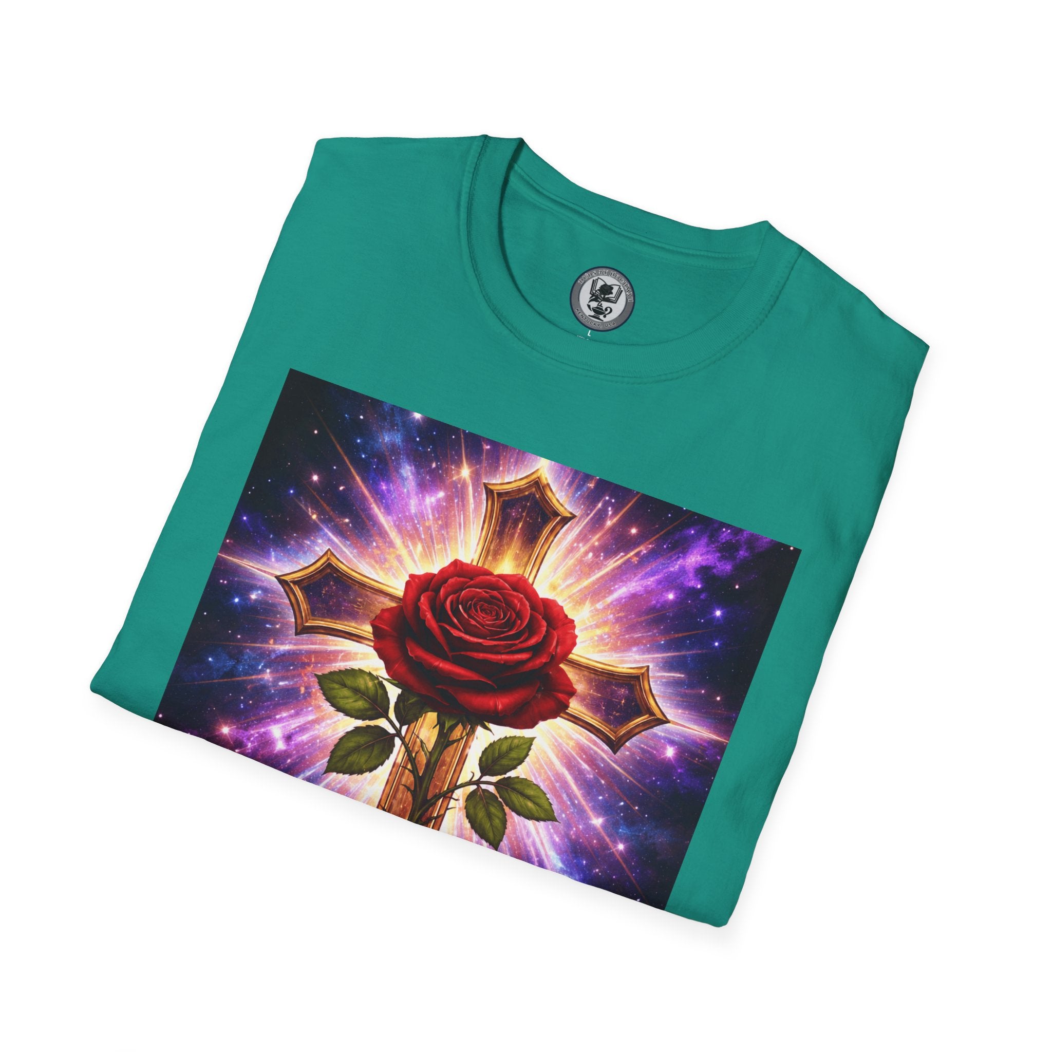 Cosmic Rose Cross T-Shirt — Rosicrucian Spiritual Floral Cross Graphic Tee