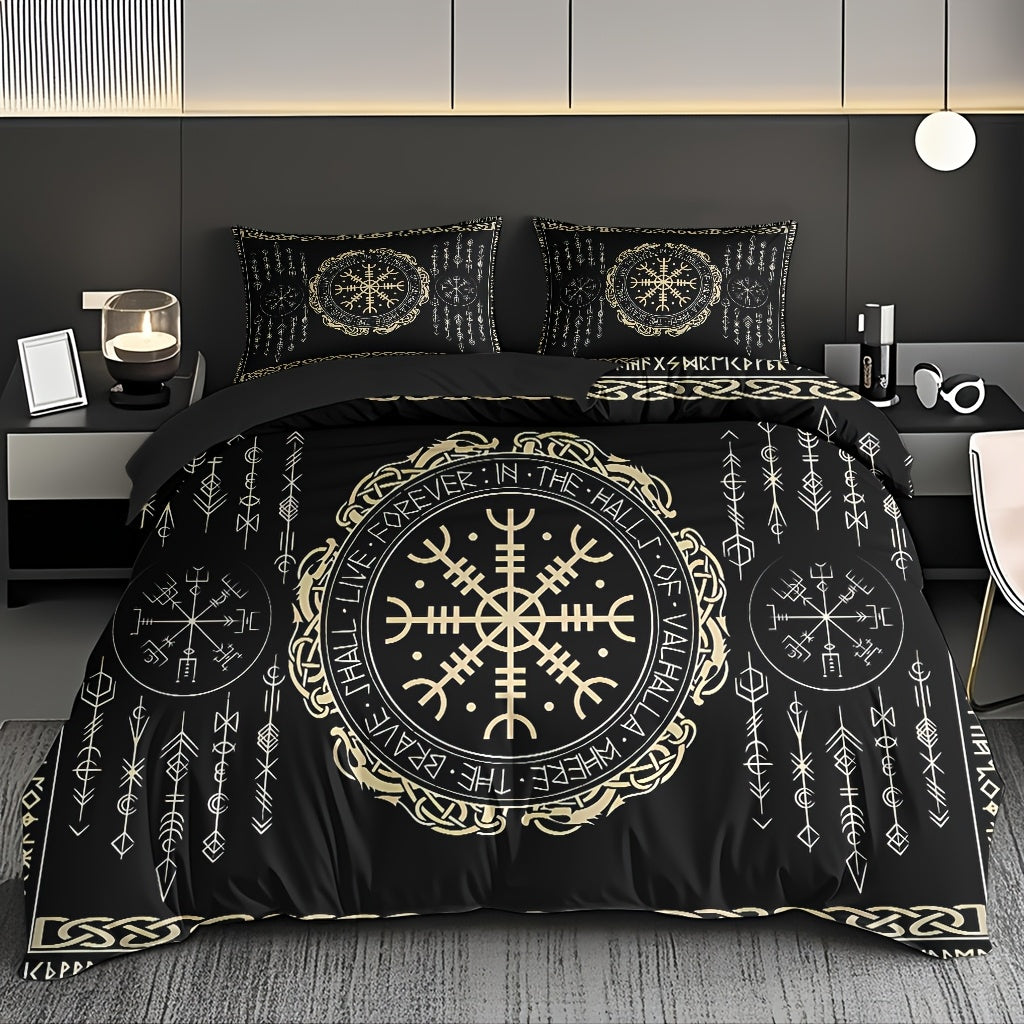 3pcs Comfortable Nordic Rune Theme Duvet Cover Set, Soft High-Definition Digital Print Perfect Gift, Soft Breathable 100% Polyester, All-Season, Family And Friends Gift, Machine Washable (1 Duvet Cover + 2 Pillowcases, No Fil